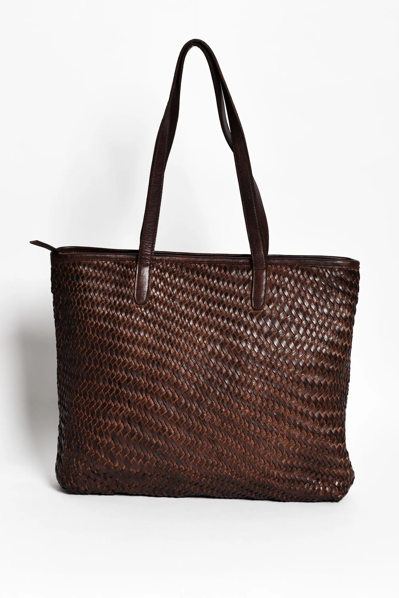 Amalfi Chocolate Leather Woven Tote Bag sold by Blue Bungalow