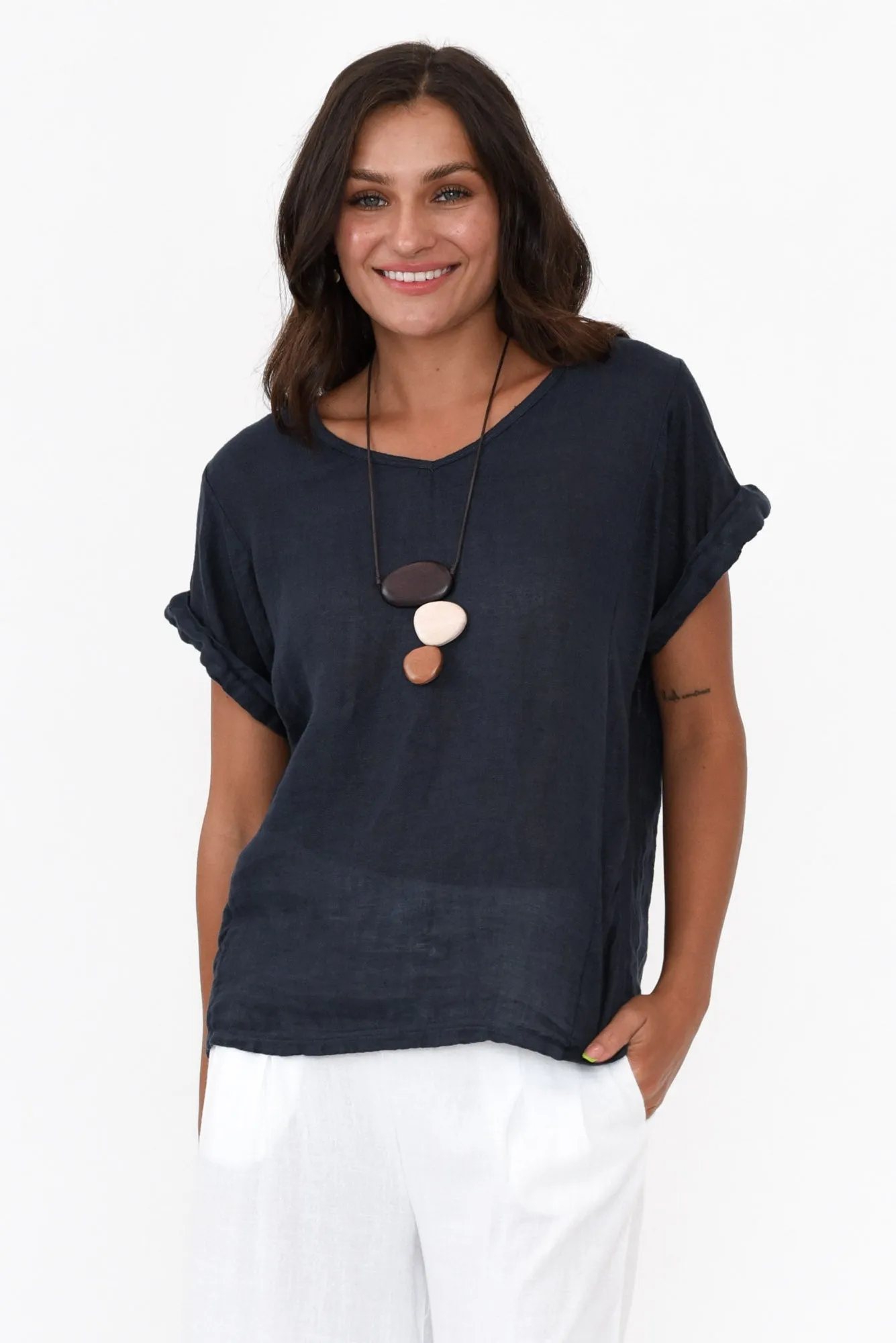 Anna Navy Linen Tee sold by Blue Bungalow