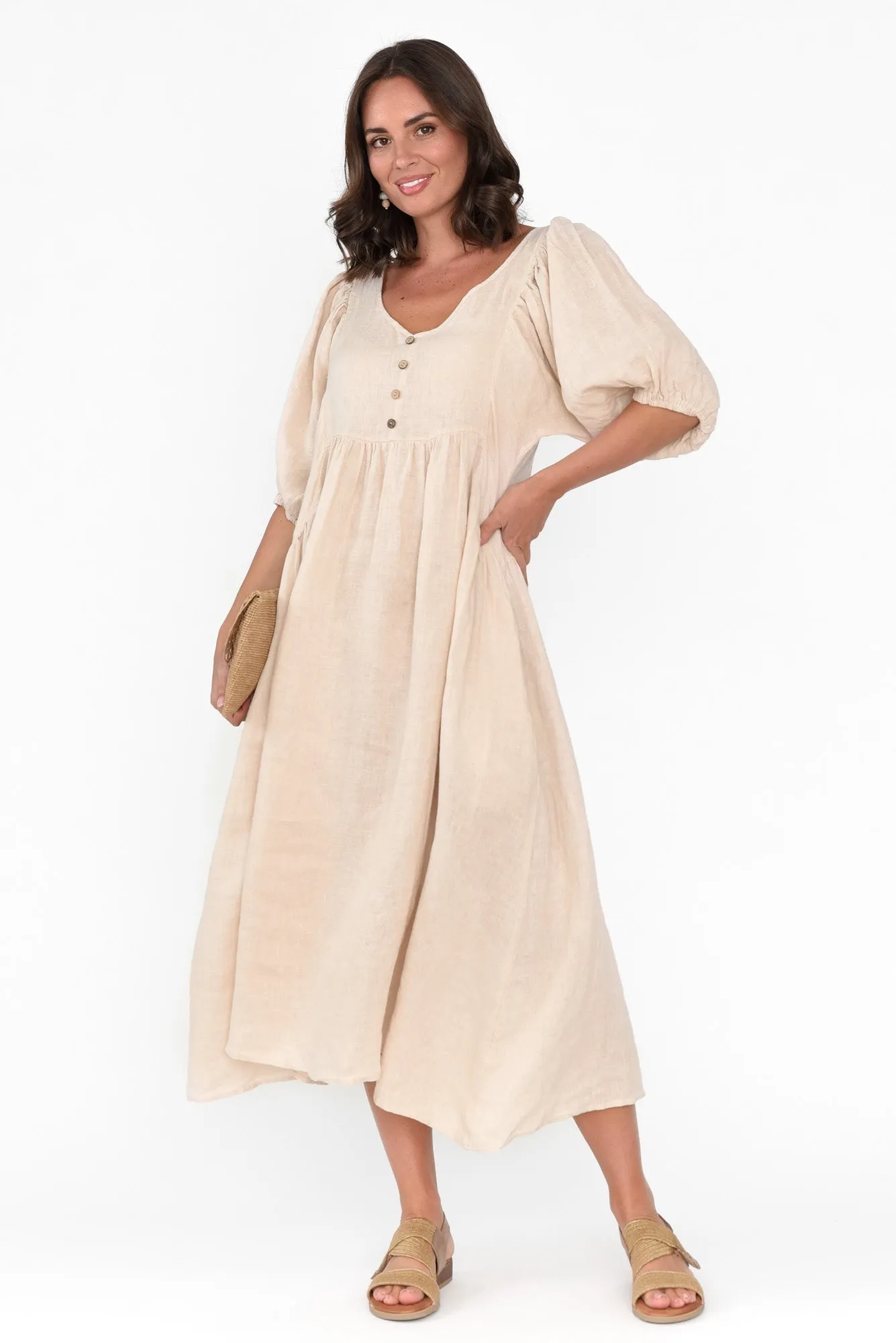 Amryn Beige Linen Gather Dress sold by Blue Bungalow