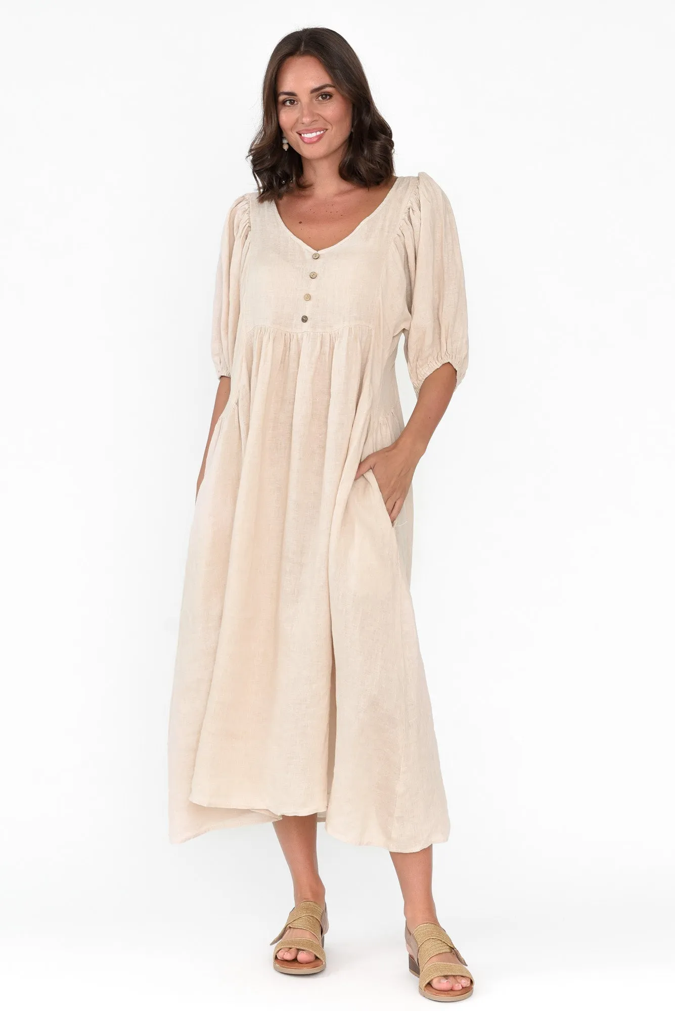 Amryn Beige Linen Gather Dress sold by Blue Bungalow product image thumbnail 2