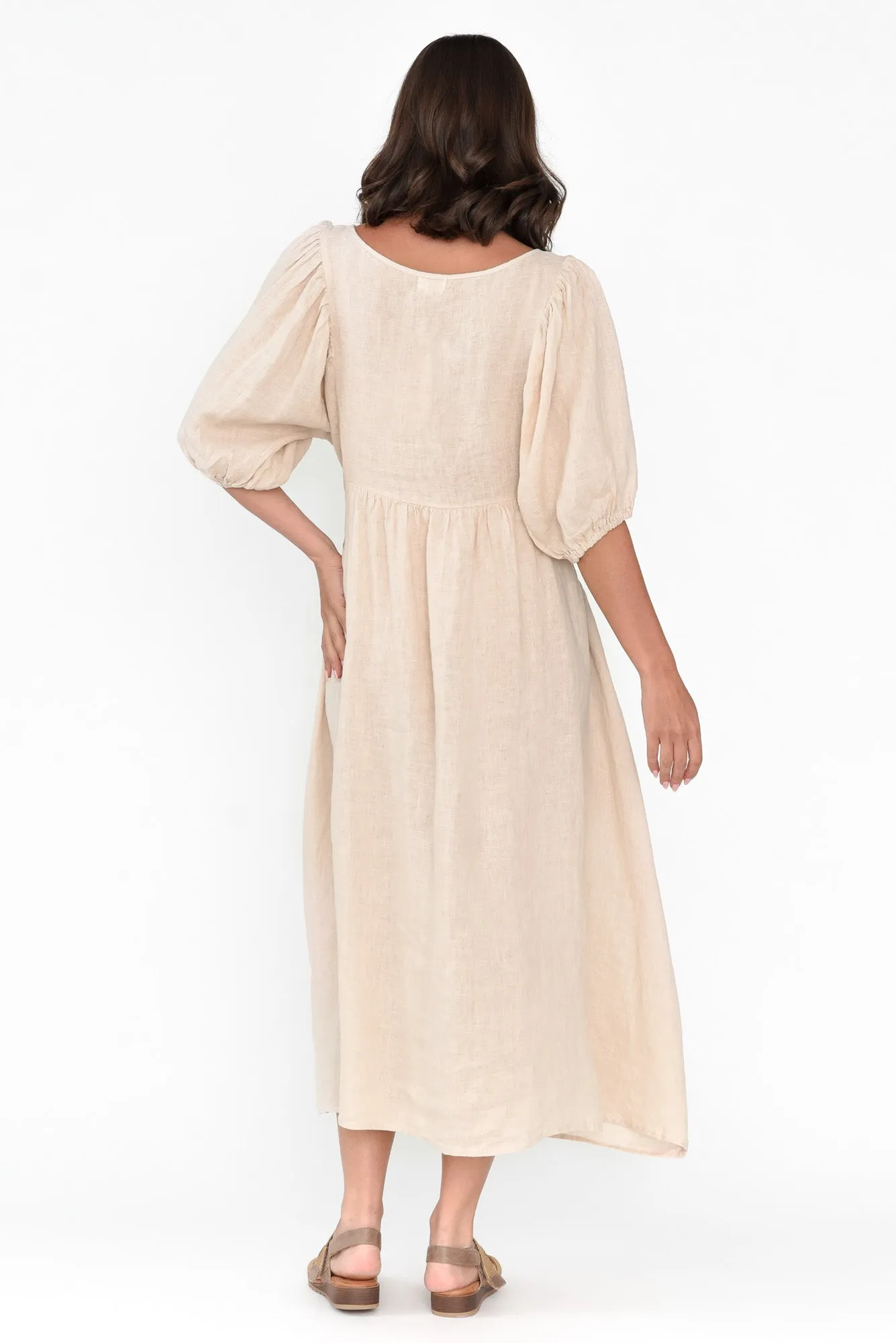 Amryn Beige Linen Gather Dress sold by Blue Bungalow product image thumbnail 4