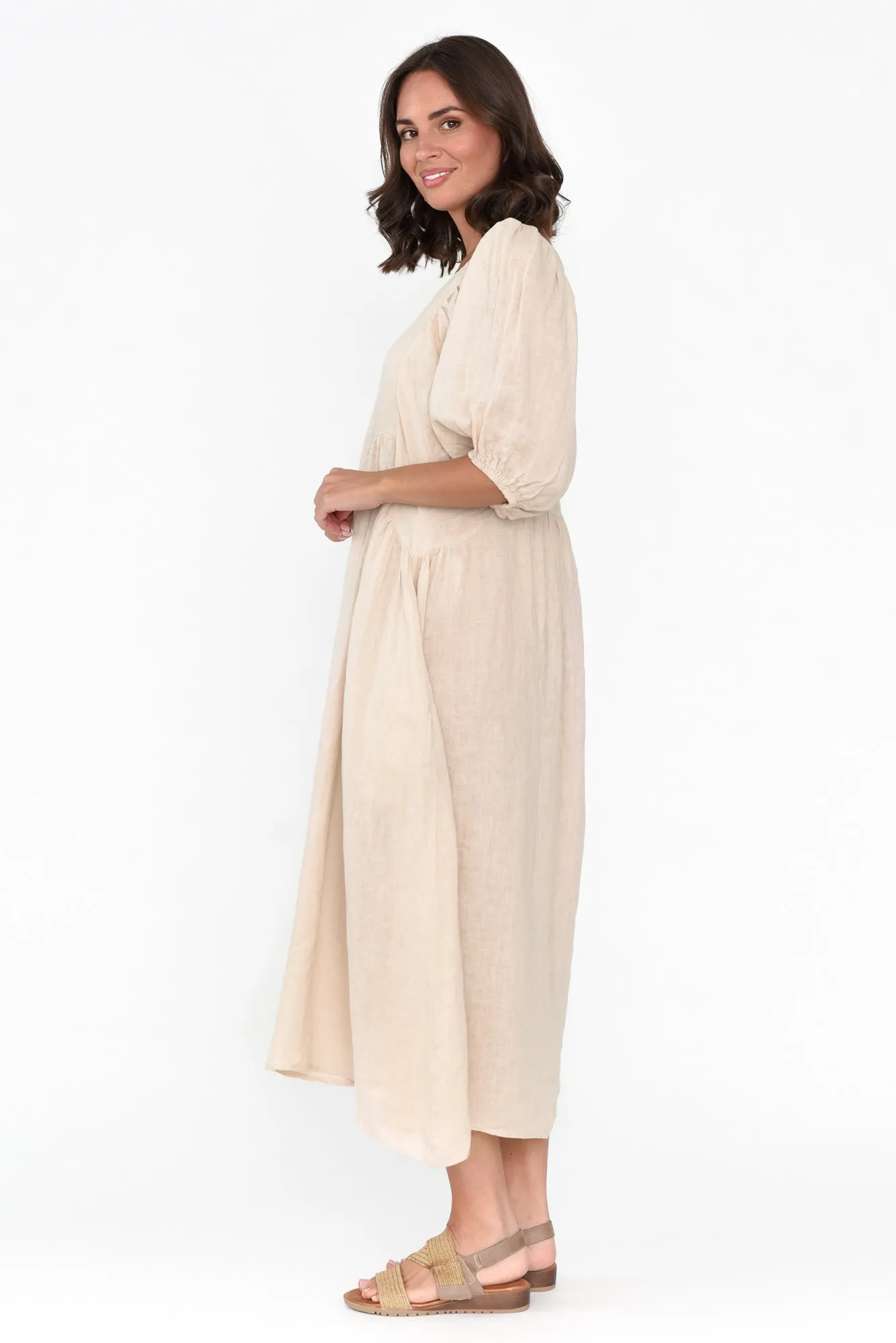Amryn Beige Linen Gather Dress sold by Blue Bungalow product image thumbnail 3