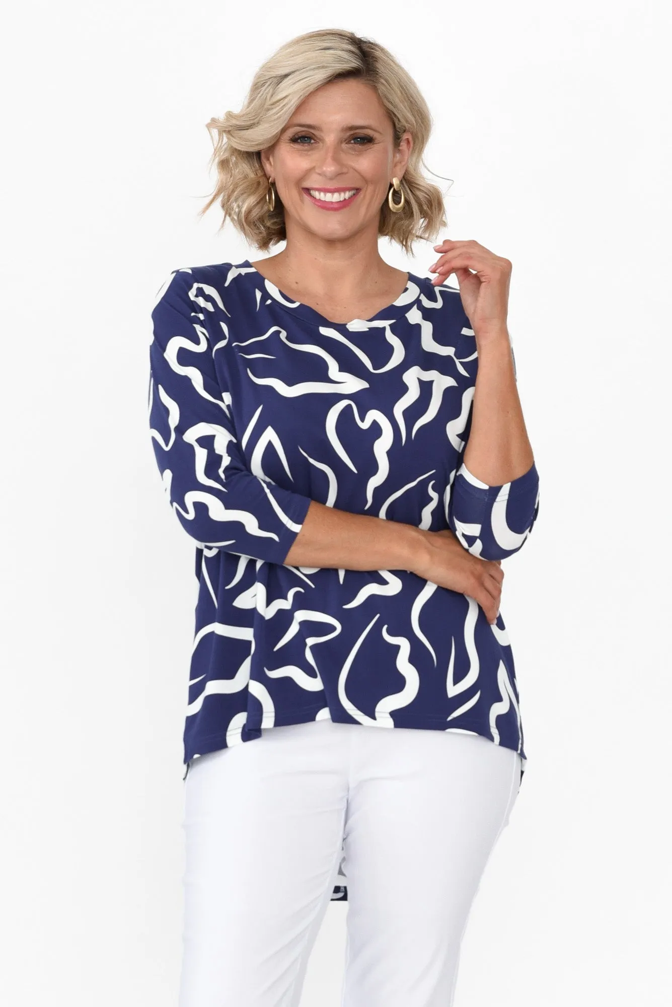 Deliah Navy Geo Hi Lo Bamboo Top sold by Blue Bungalow