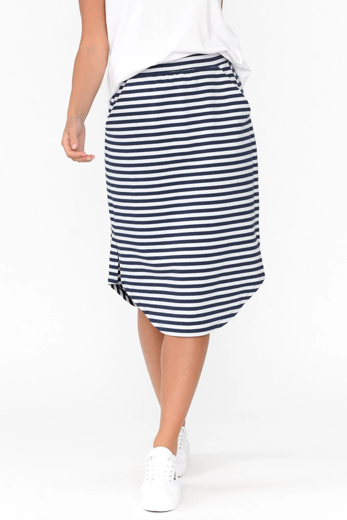Evie Navy Stripe Cotton Blend Skirt sold by Blue Bungalow