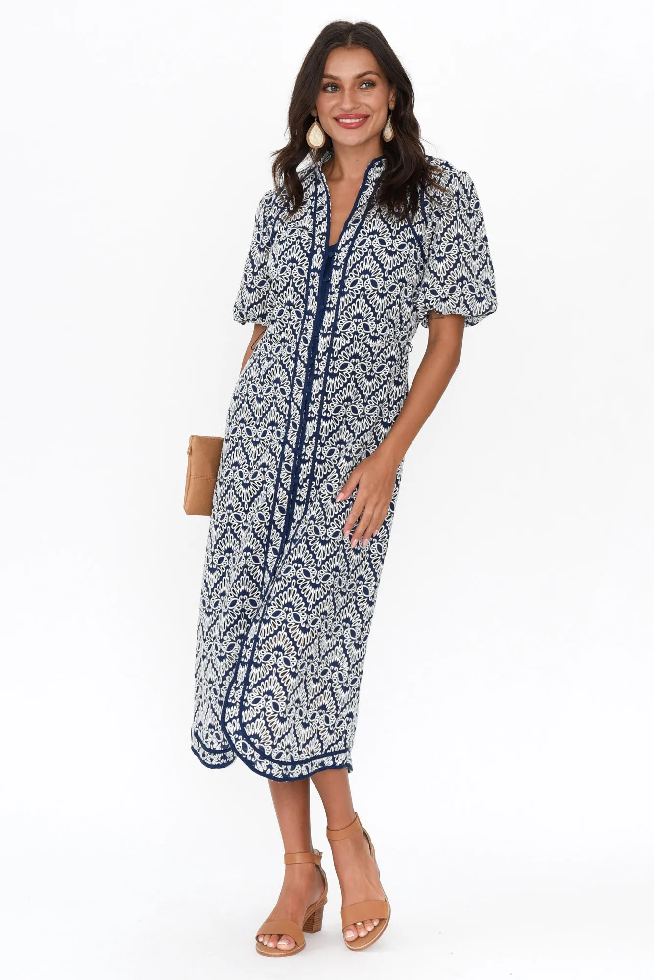 Delphine Navy Embroidered Cotton Tie Dress sold by Blue Bungalow