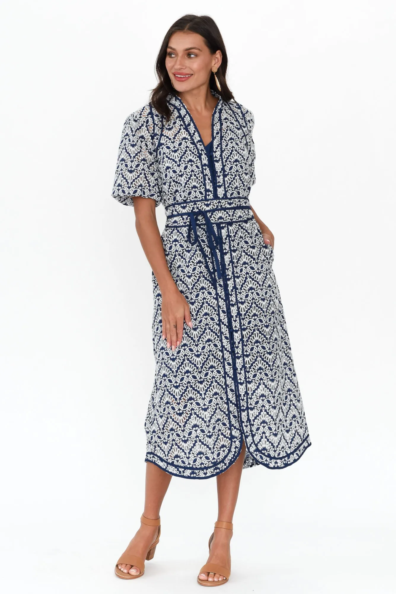 Delphine Navy Embroidered Cotton Tie Dress sold by Blue Bungalow product image thumbnail 2
