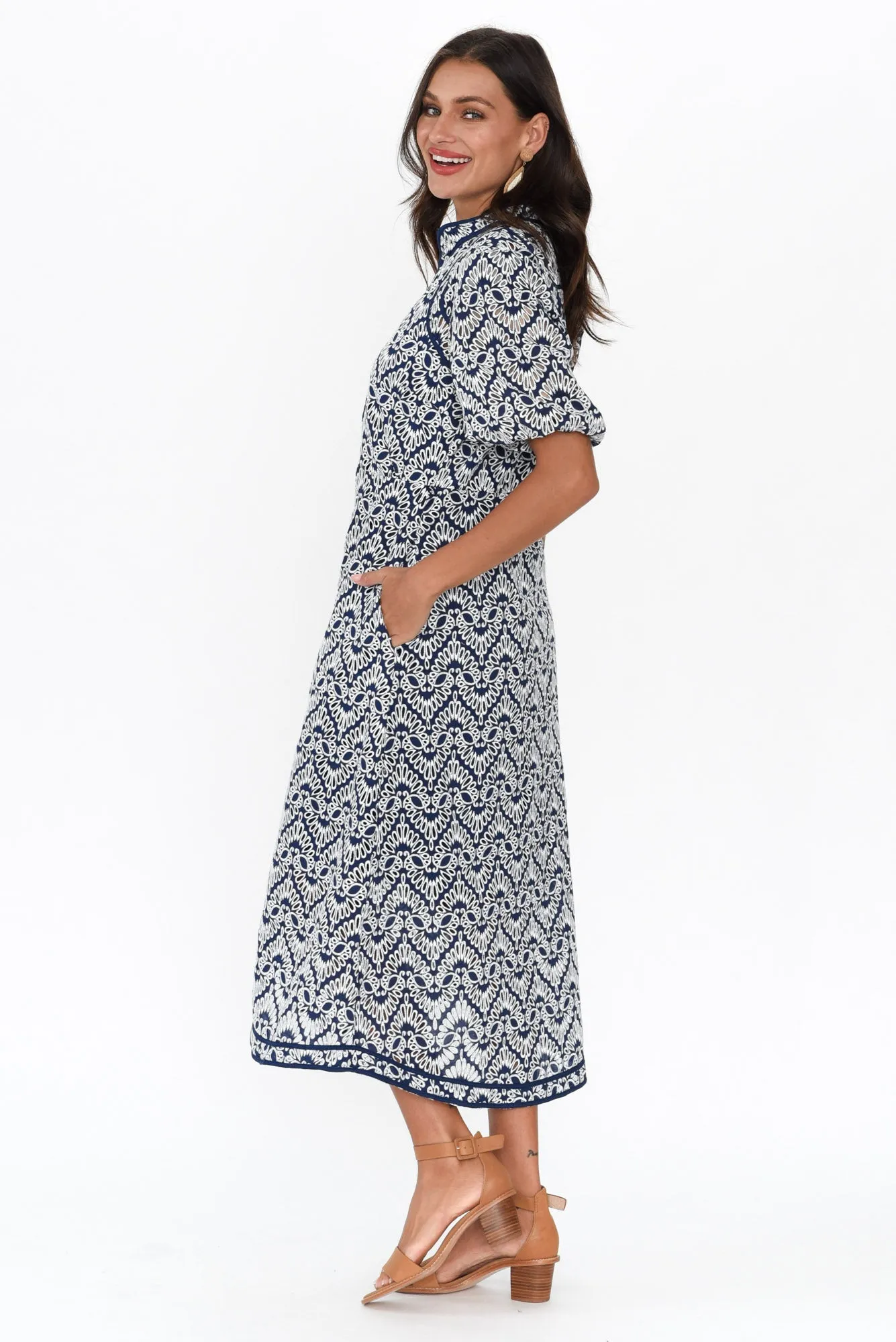 Delphine Navy Embroidered Cotton Tie Dress sold by Blue Bungalow product image thumbnail 3
