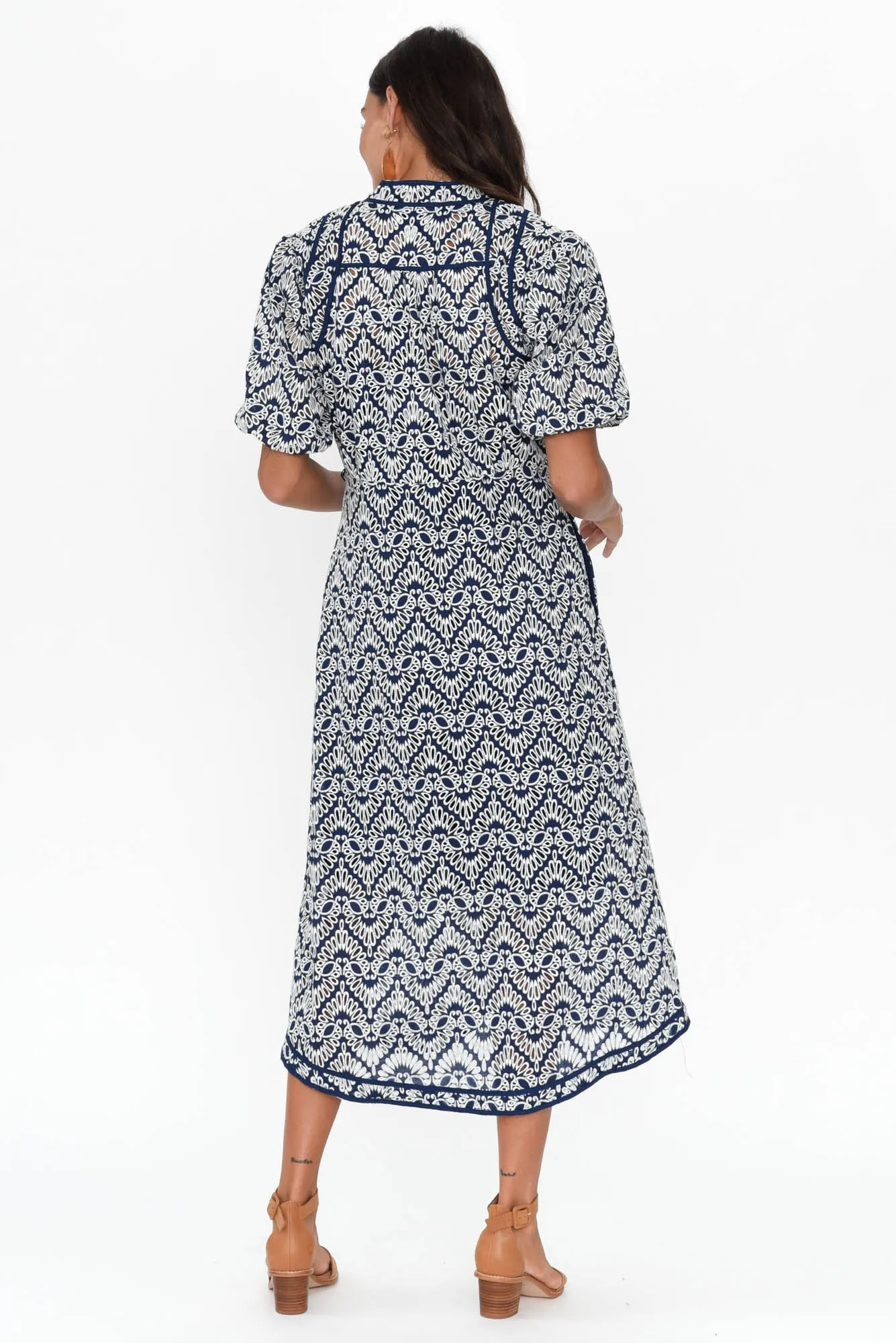 Delphine Navy Embroidered Cotton Tie Dress sold by Blue Bungalow product image thumbnail 4
