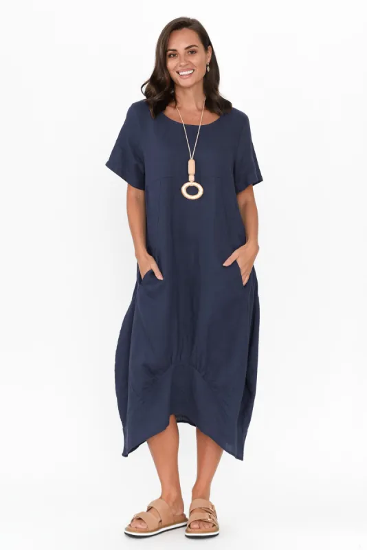 Kandace Navy Linen Pocket Dress sold by Blue Bungalow