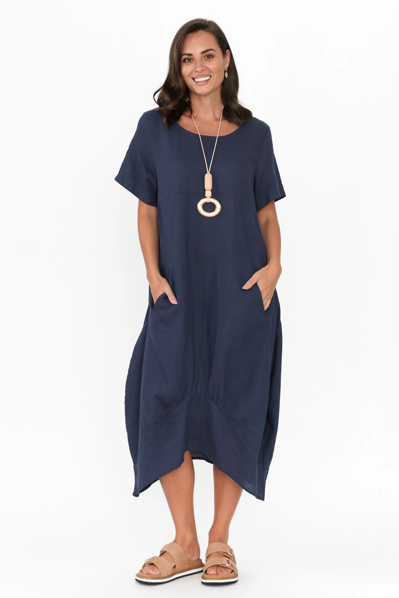 Kandace Navy Linen Pocket Dress sold by Blue Bungalow