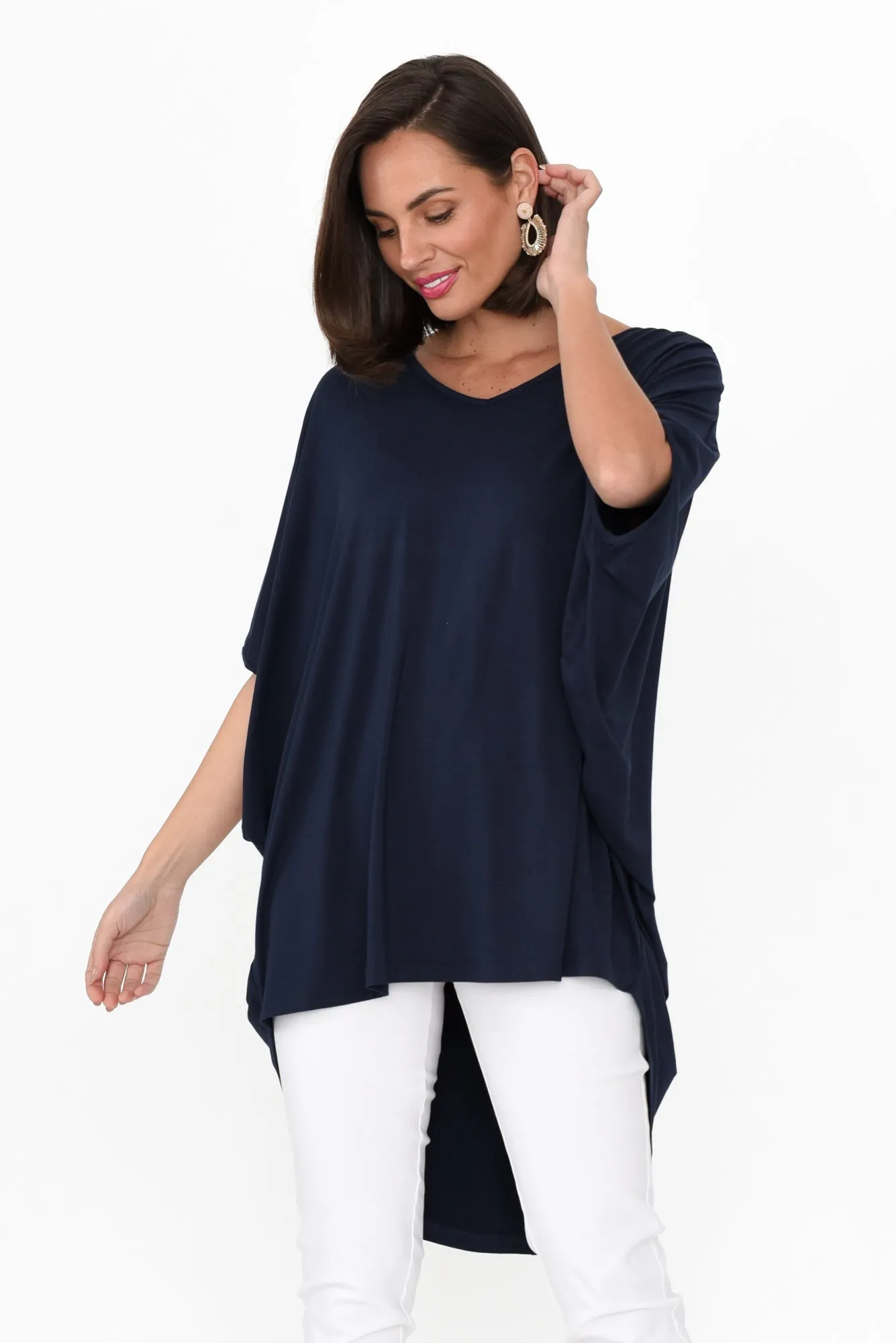 Emory Navy Bamboo Hi Lo Batwing Top sold by Blue Bungalow