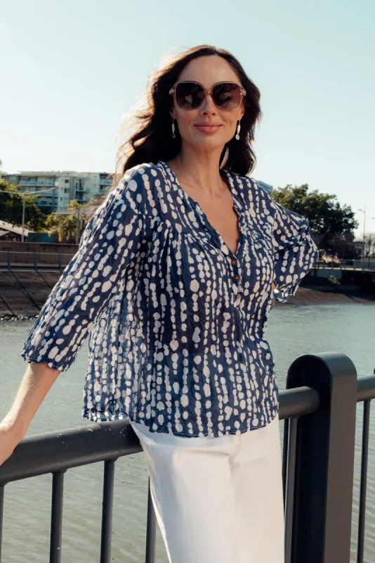 Blaise Navy Speckle Cotton Button Top sold by Blue Bungalow