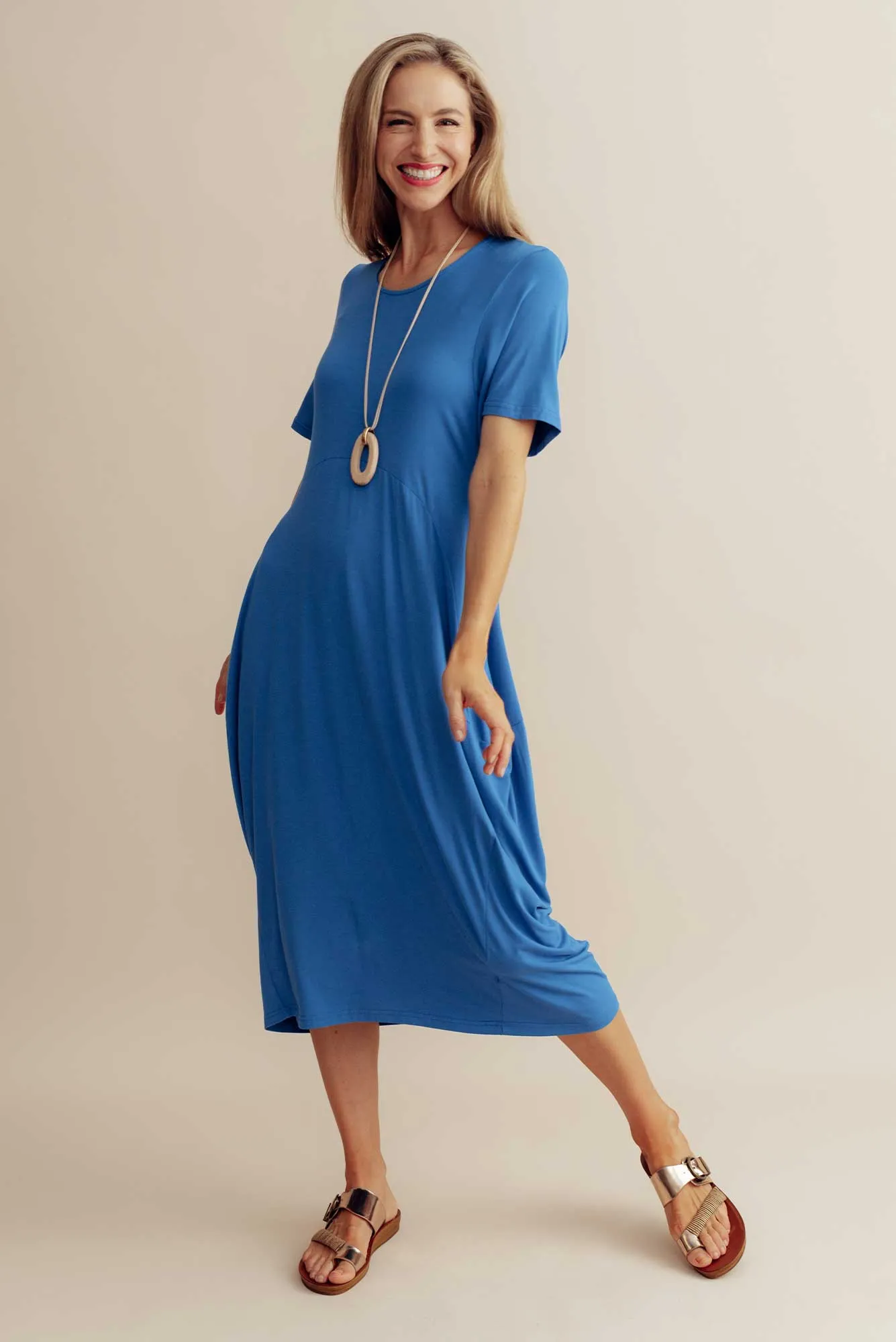 Glenda Cobalt Short Sleeve Crescent Dress sold by Blue Bungalow