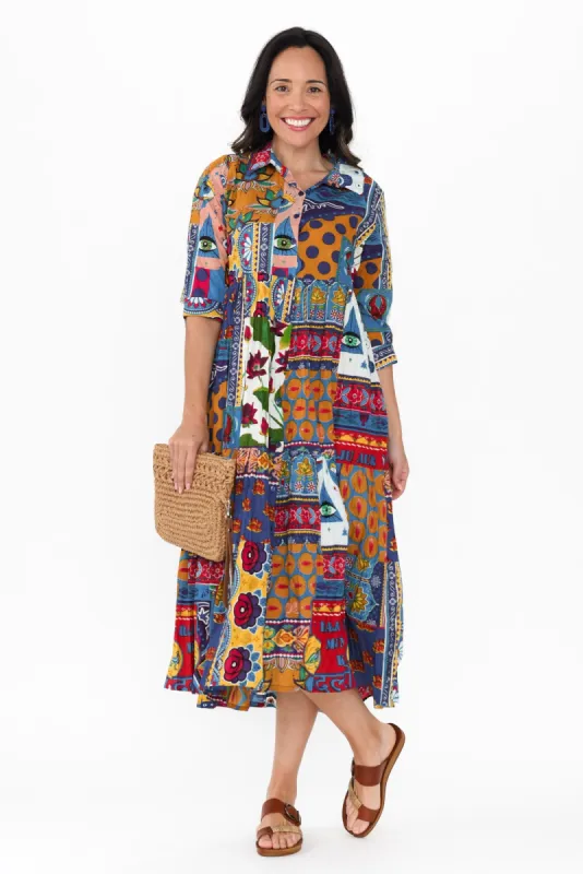 Pola Blue Abstract Cotton Collared Dress sold by Blue Bungalow