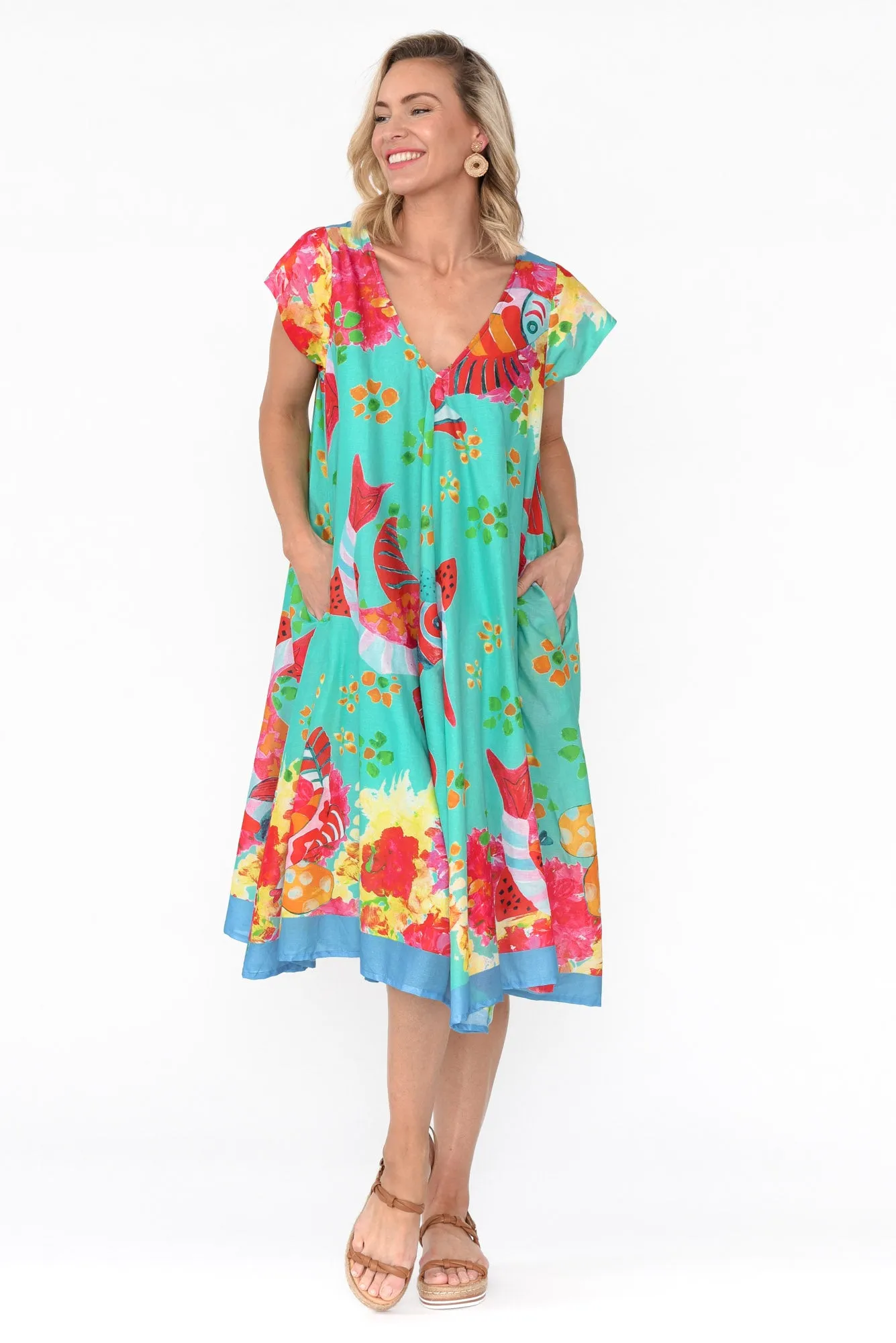 Maheno Teal Sea Cotton Midi Dress sold by Blue Bungalow