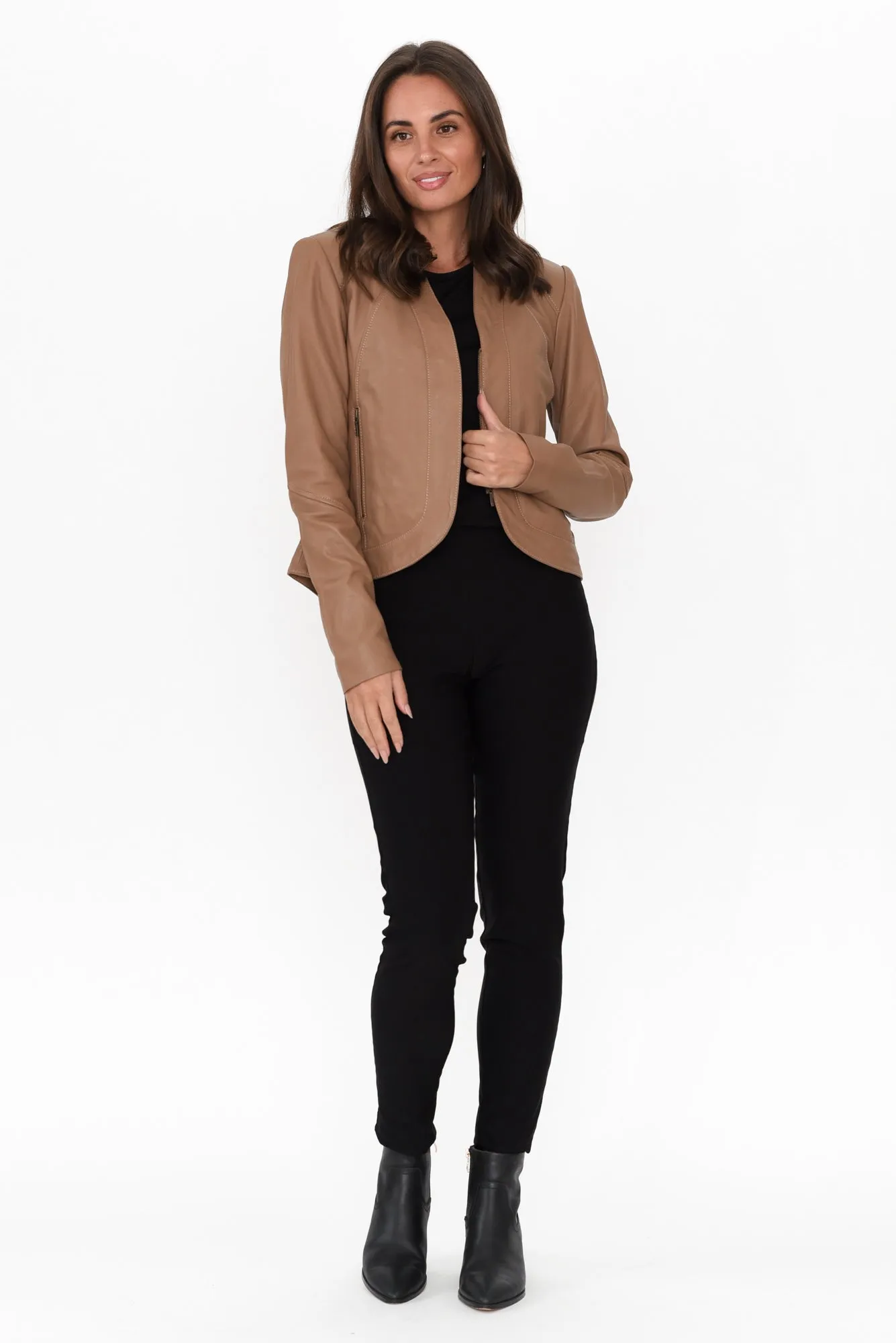 Nova Brown Leather Curved Hem Jacket sold by Blue Bungalow product image thumbnail 3