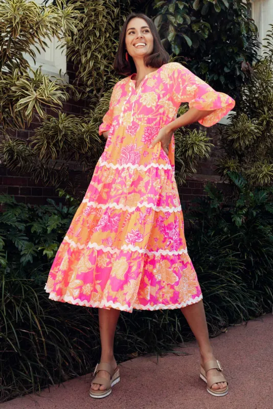 Lenor Pink Floral Cotton Tier Dress sold by Blue Bungalow