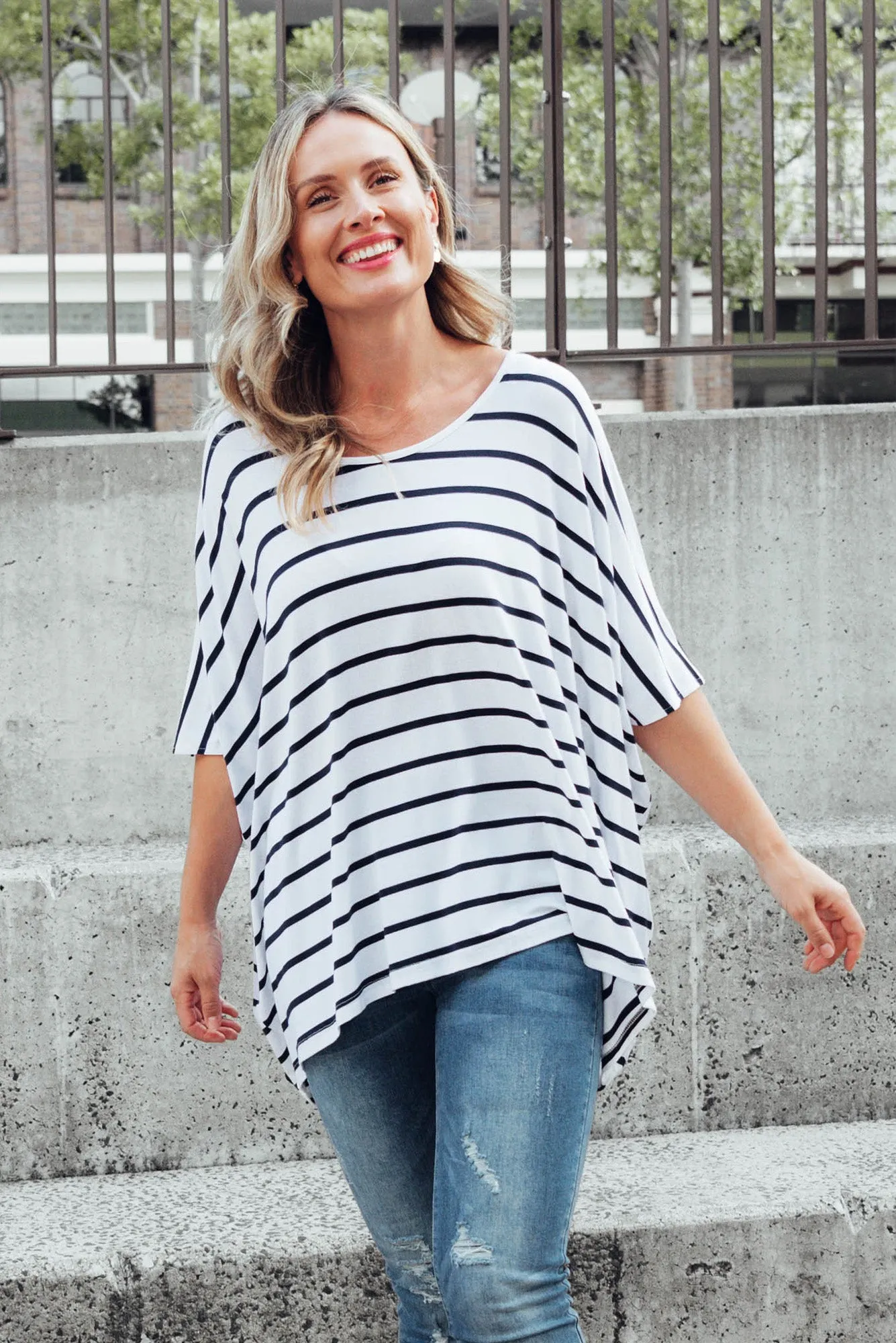 Sorronda White Stripe Bamboo Batwing Top sold by Blue Bungalow