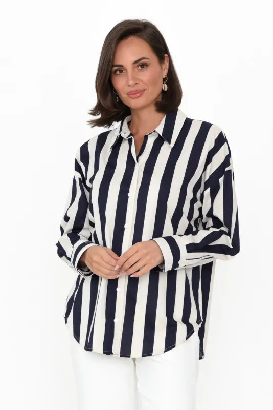 Brigid Navy Stripe Cotton Shirt sold by Blue Bungalow