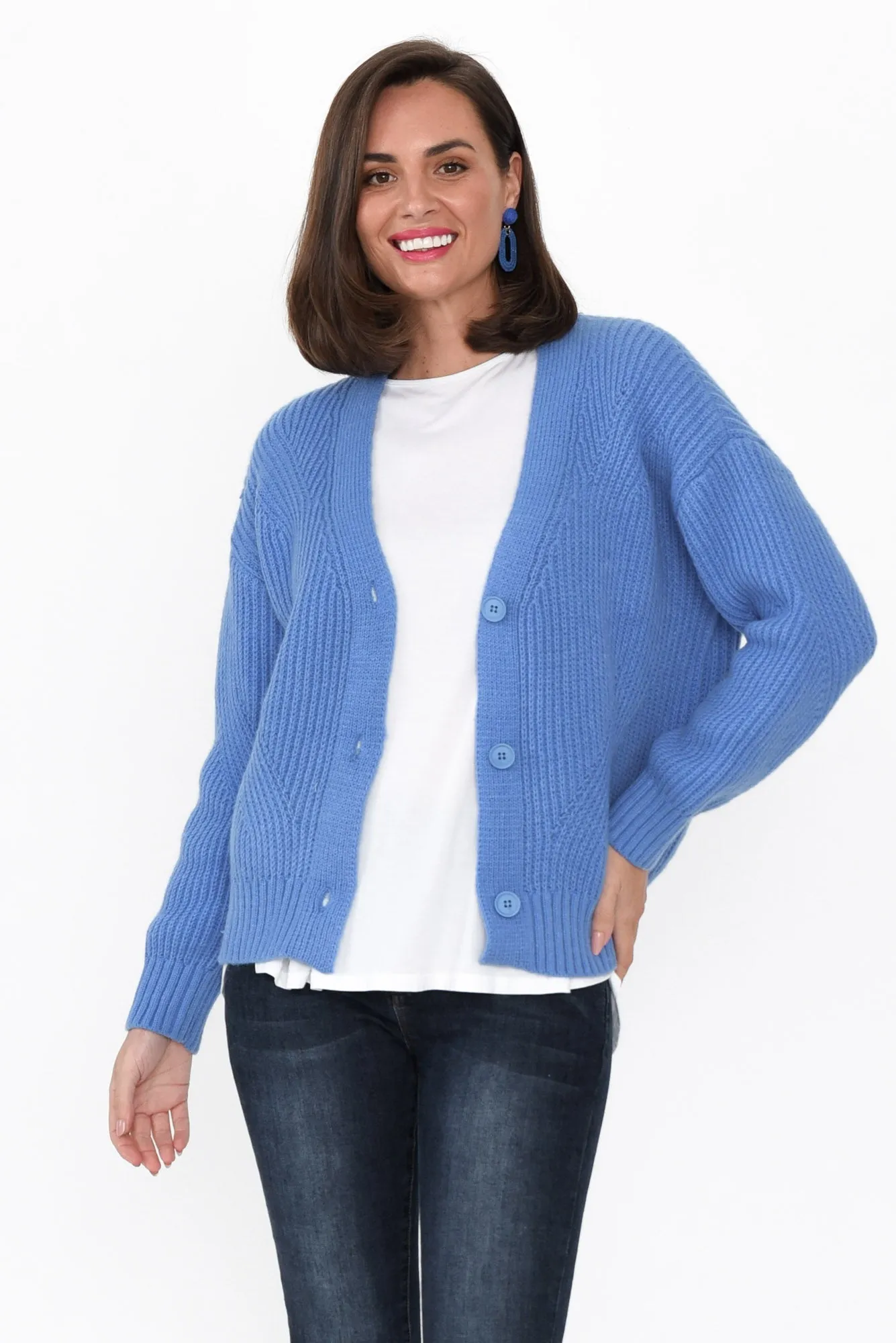 Shara Blue Knit Button Cardigan sold by Blue Bungalow