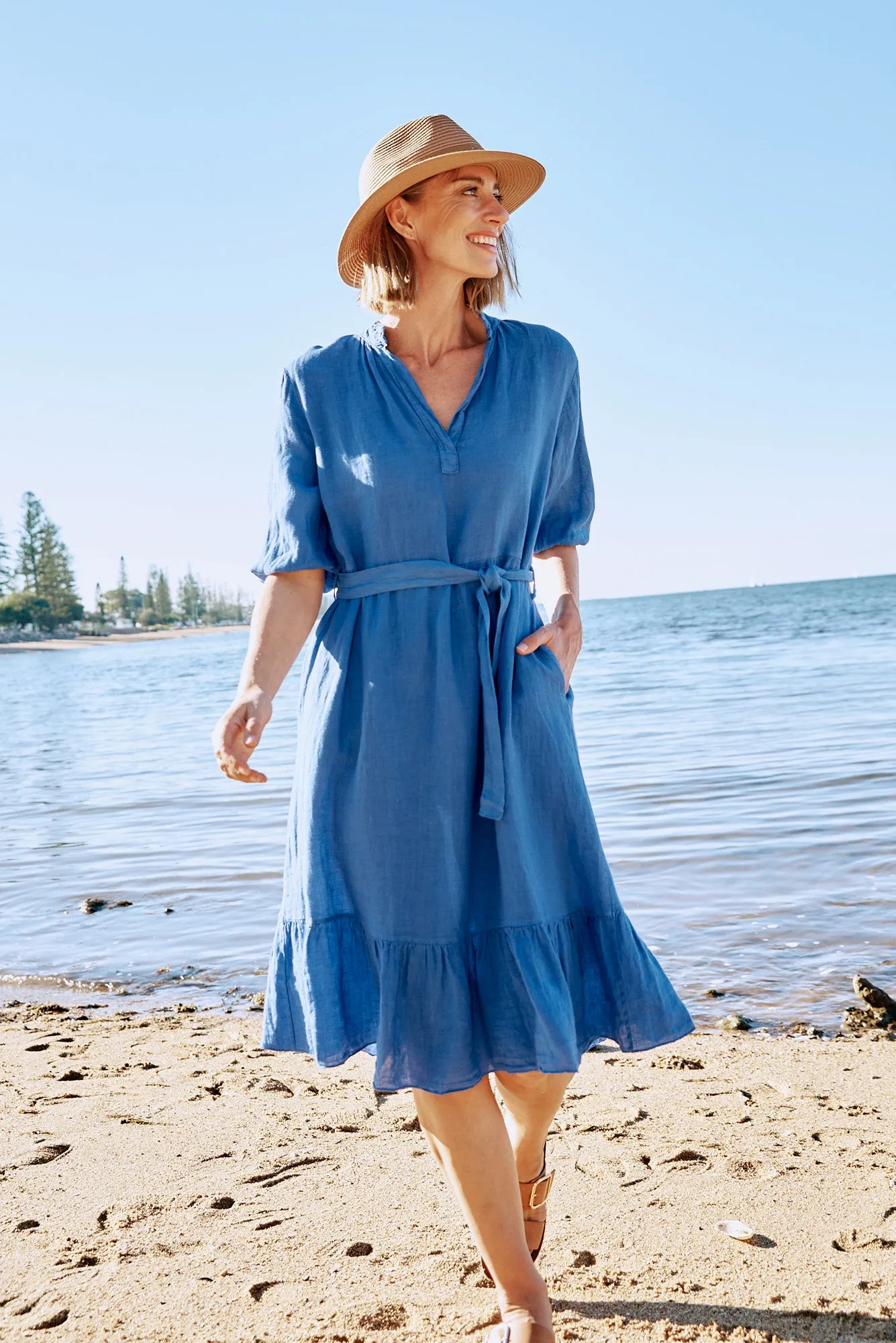 Mattea Blue Linen Ruffle Dress sold by Blue Bungalow
