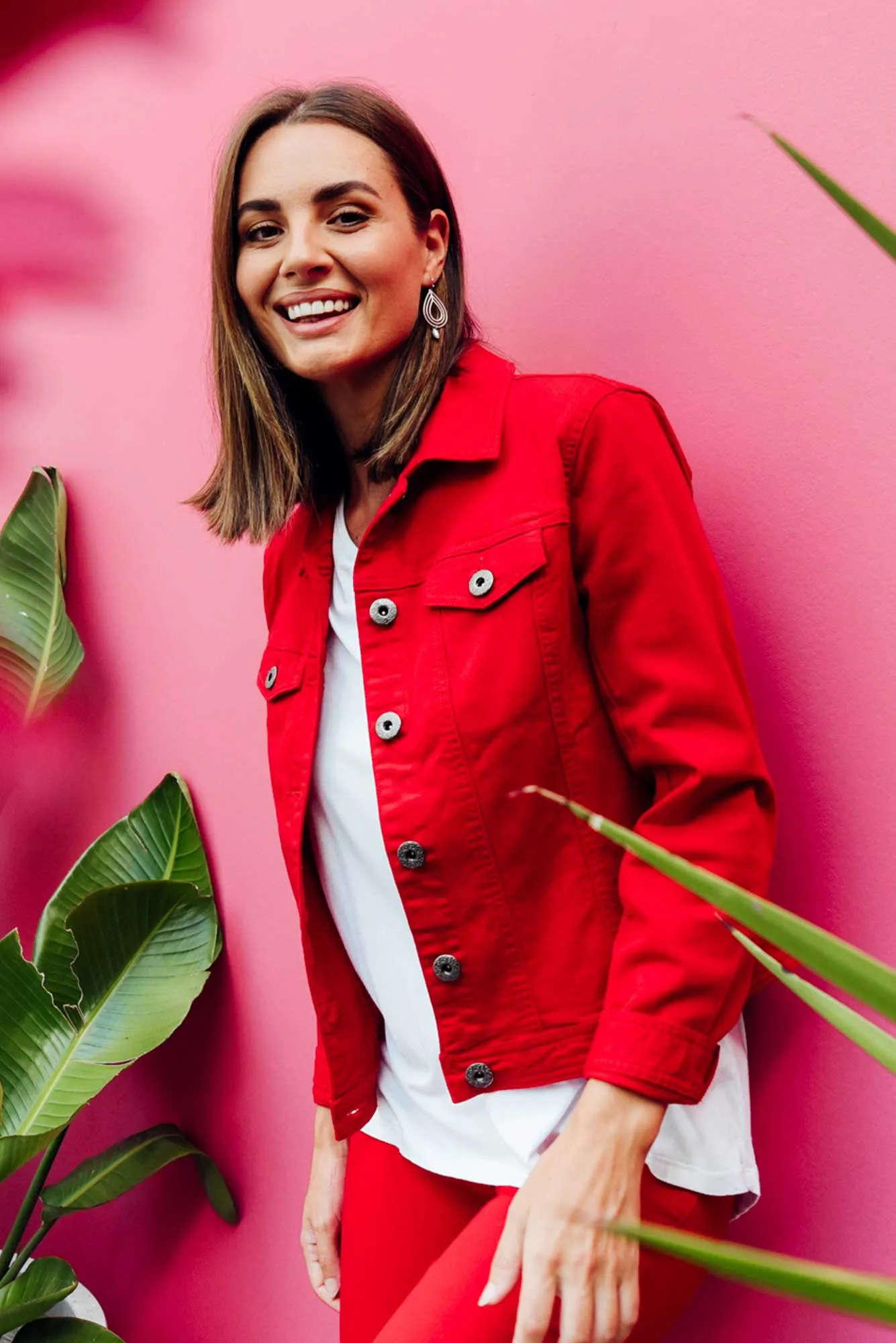 Danielle Red Stretch Jean Jacket sold by Blue Bungalow