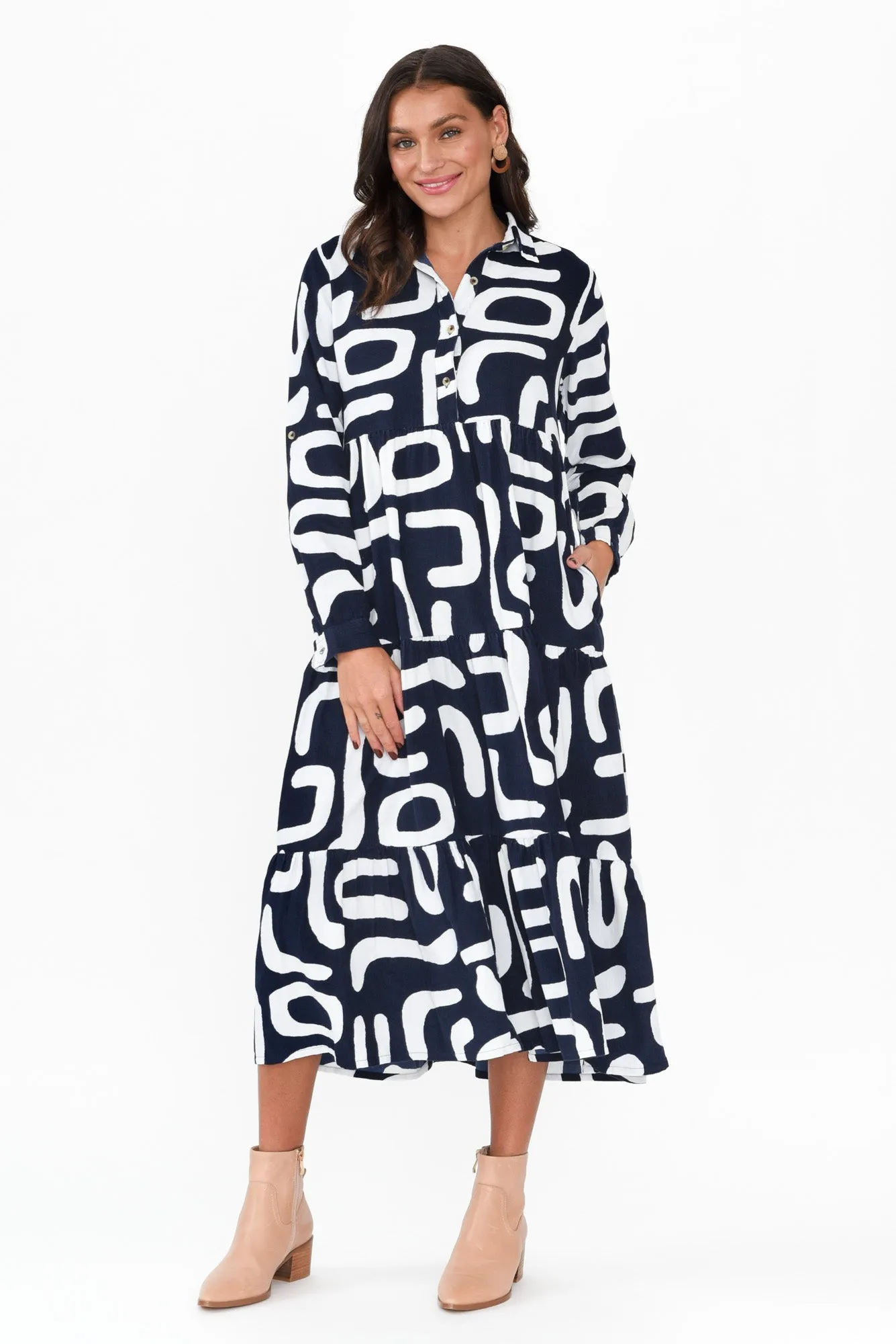 Mateo Navy Abstract Cotton Corduroy Dress sold by Blue Bungalow