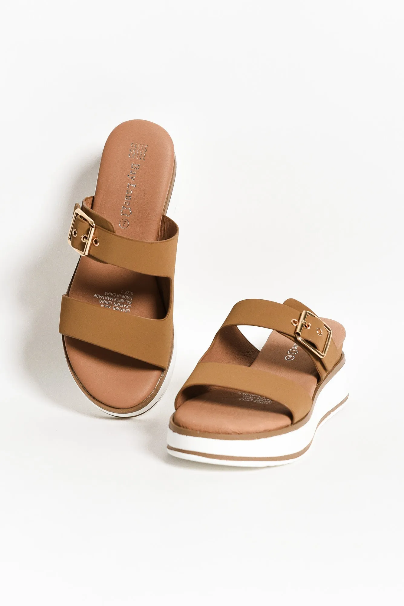 Lyst Tan Leather Buckle Platform Slide sold by Blue Bungalow