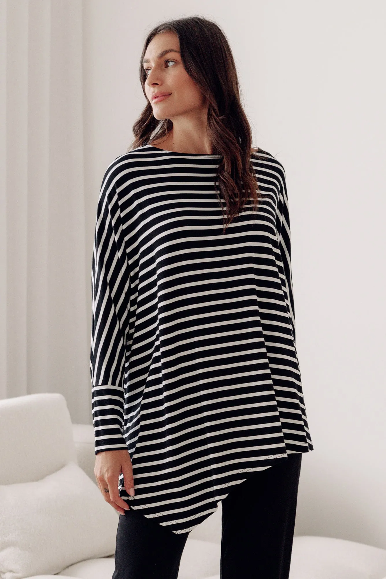Susie Black Stripe Asymmetrical Bamboo Top sold by Blue Bungalow