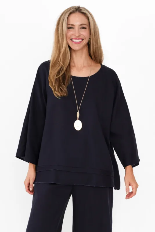 Johanna Navy Linen Blend Top sold by Blue Bungalow
