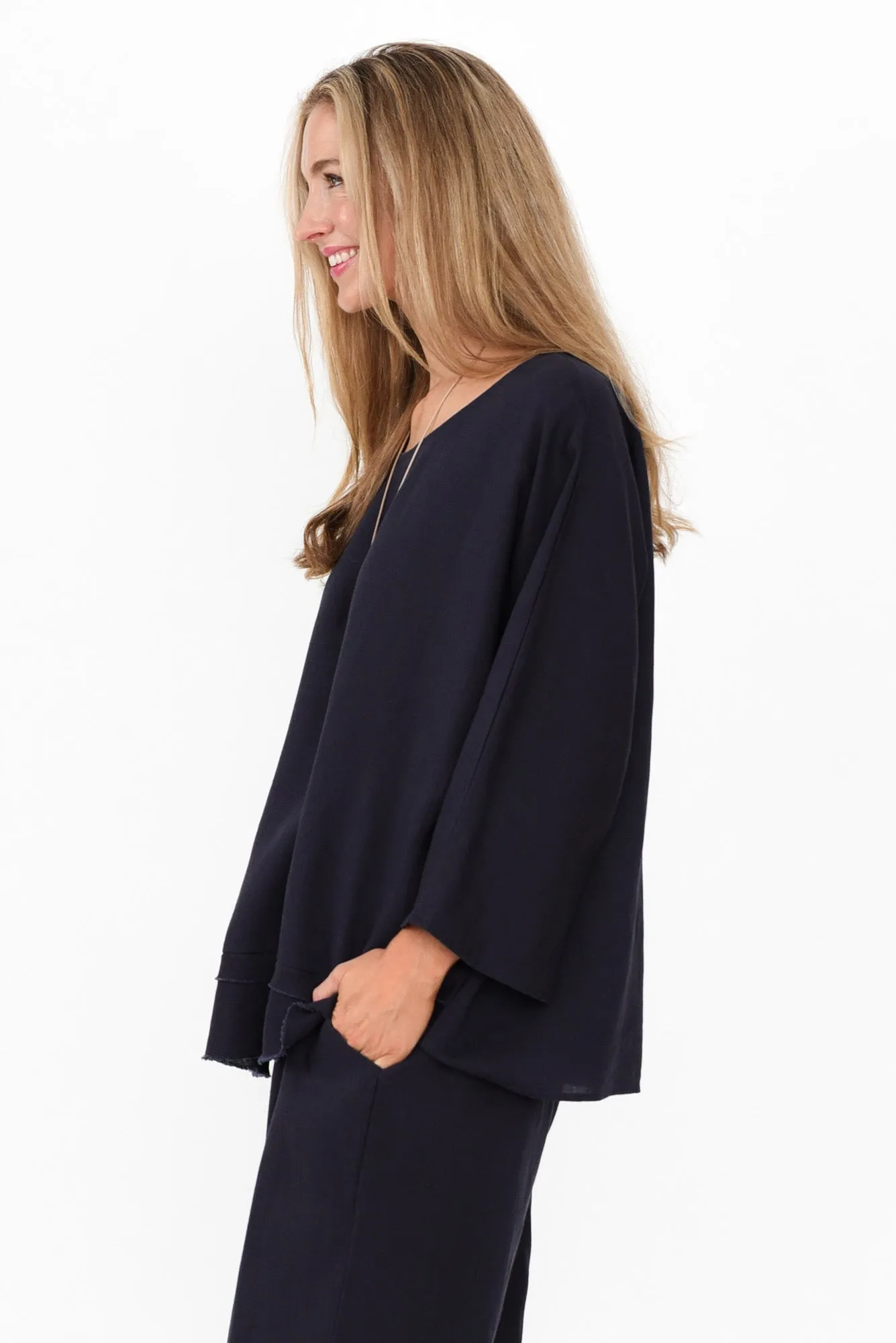 Johanna Navy Linen Blend Top sold by Blue Bungalow product image thumbnail 3