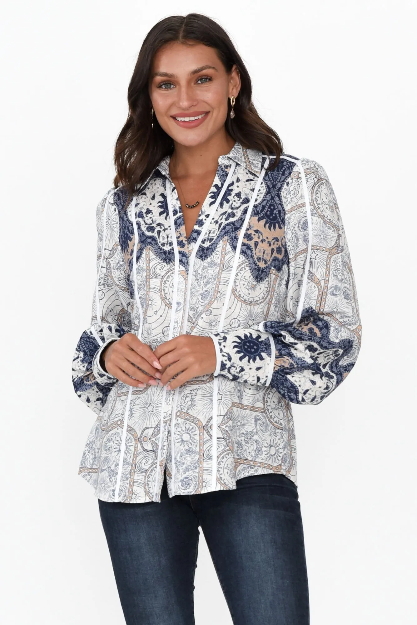 Laguna Blue Astral Collared Shirt sold by Blue Bungalow