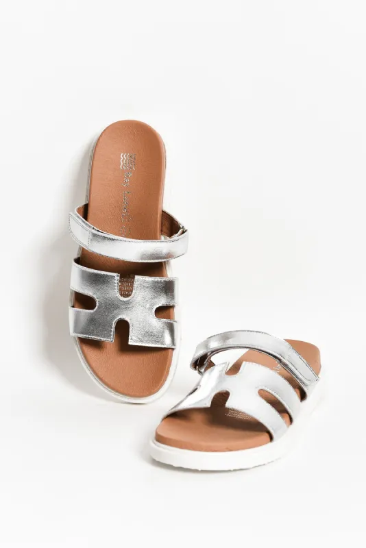 Malibu Silver Leather Velcro Slide sold by Blue Bungalow