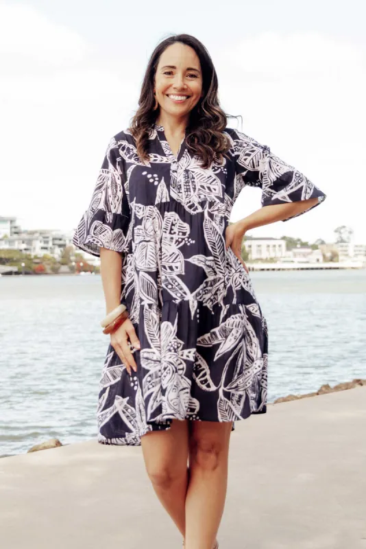 Senna Navy Tropical Cotton Dress sold by Blue Bungalow