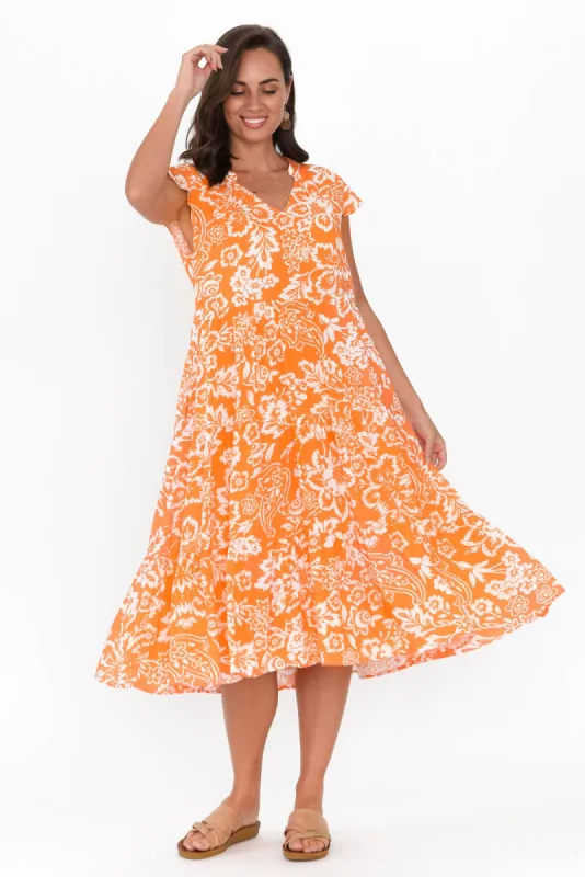Monika Orange Flower Tier Dress sold by Blue Bungalow