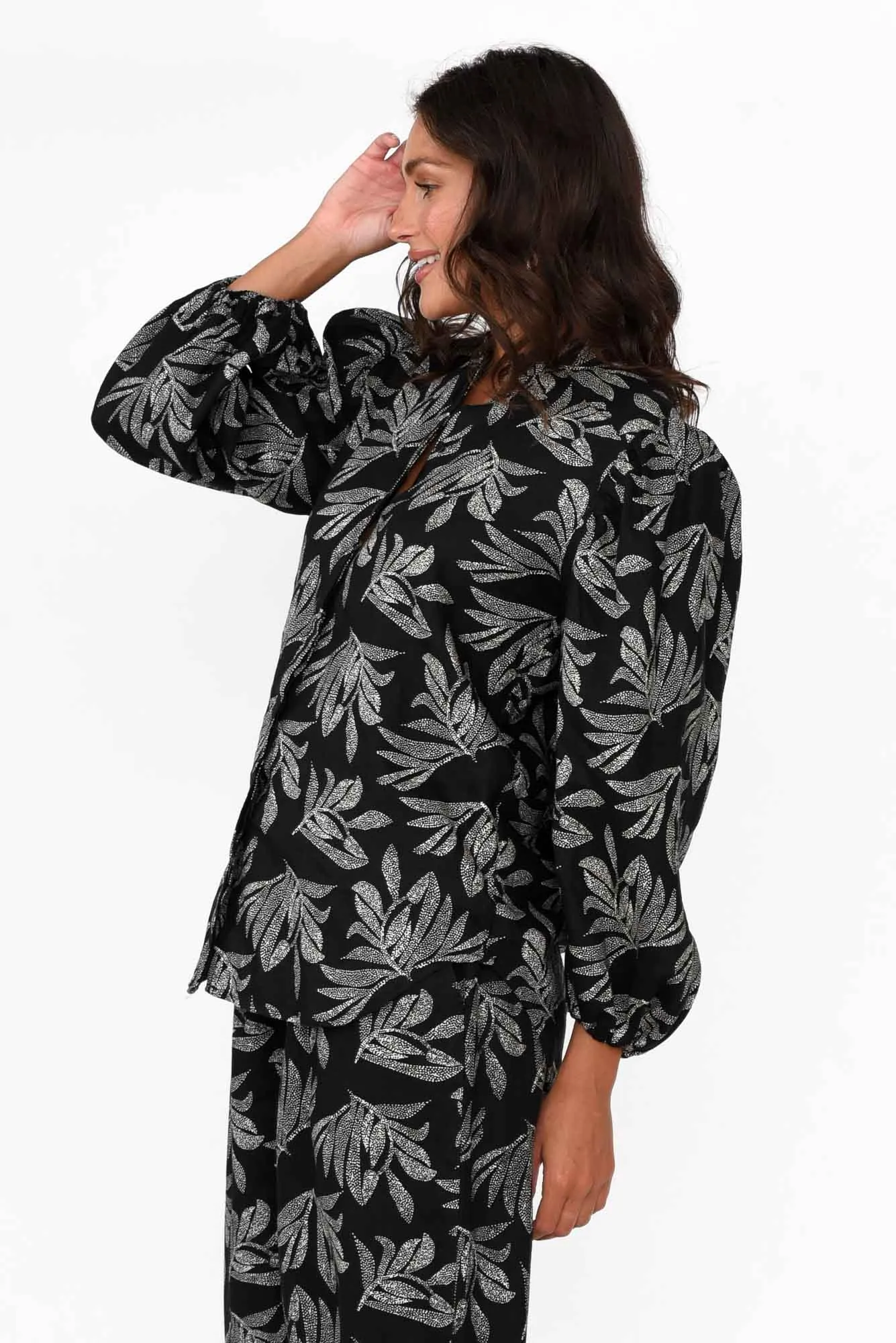 Finch Black Palm Linen Sleeved Blouse sold by Blue Bungalow product image thumbnail 3