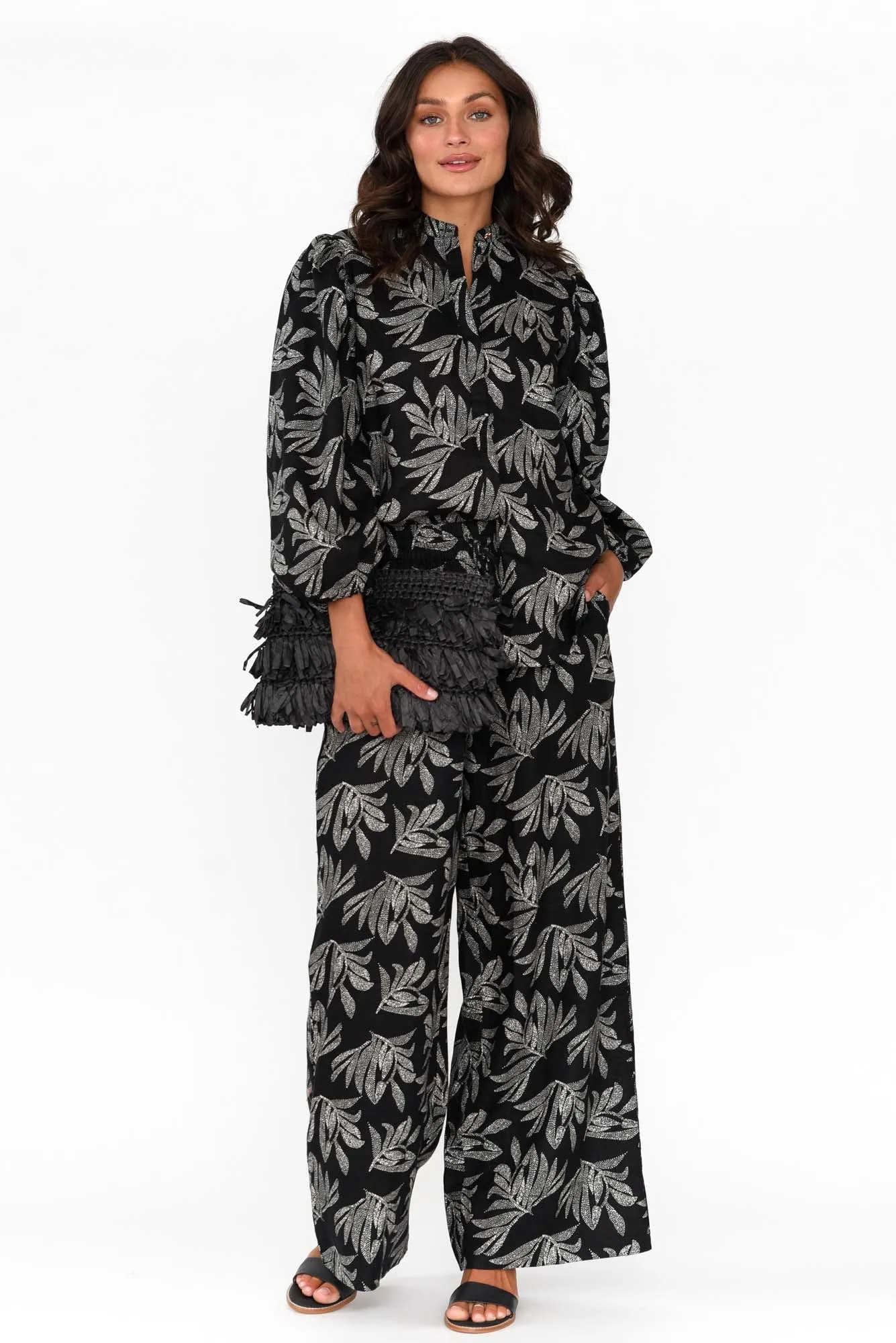 Finch Black Palm Linen Sleeved Blouse sold by Blue Bungalow product image thumbnail 2