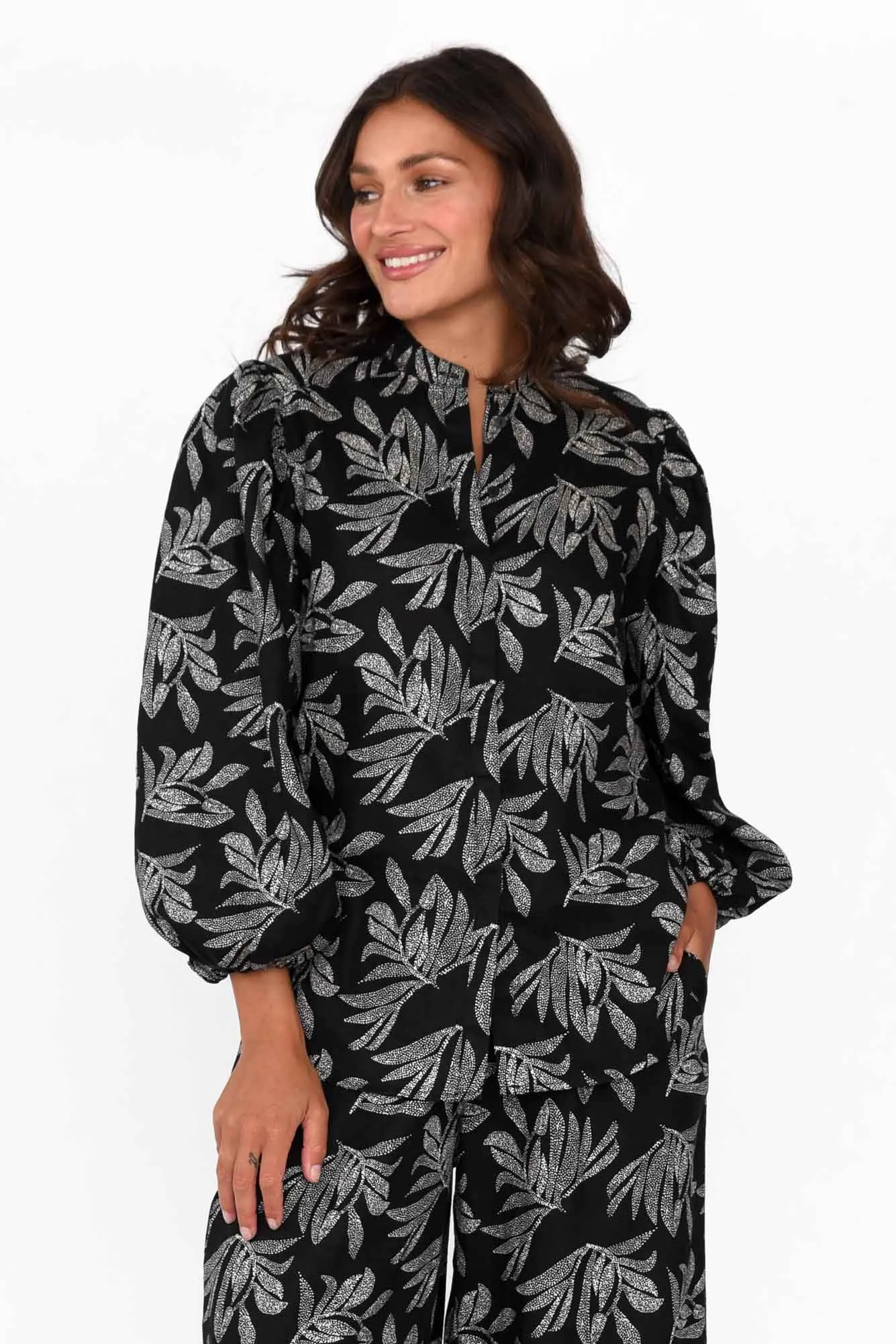 Finch Black Palm Linen Sleeved Blouse sold by Blue Bungalow