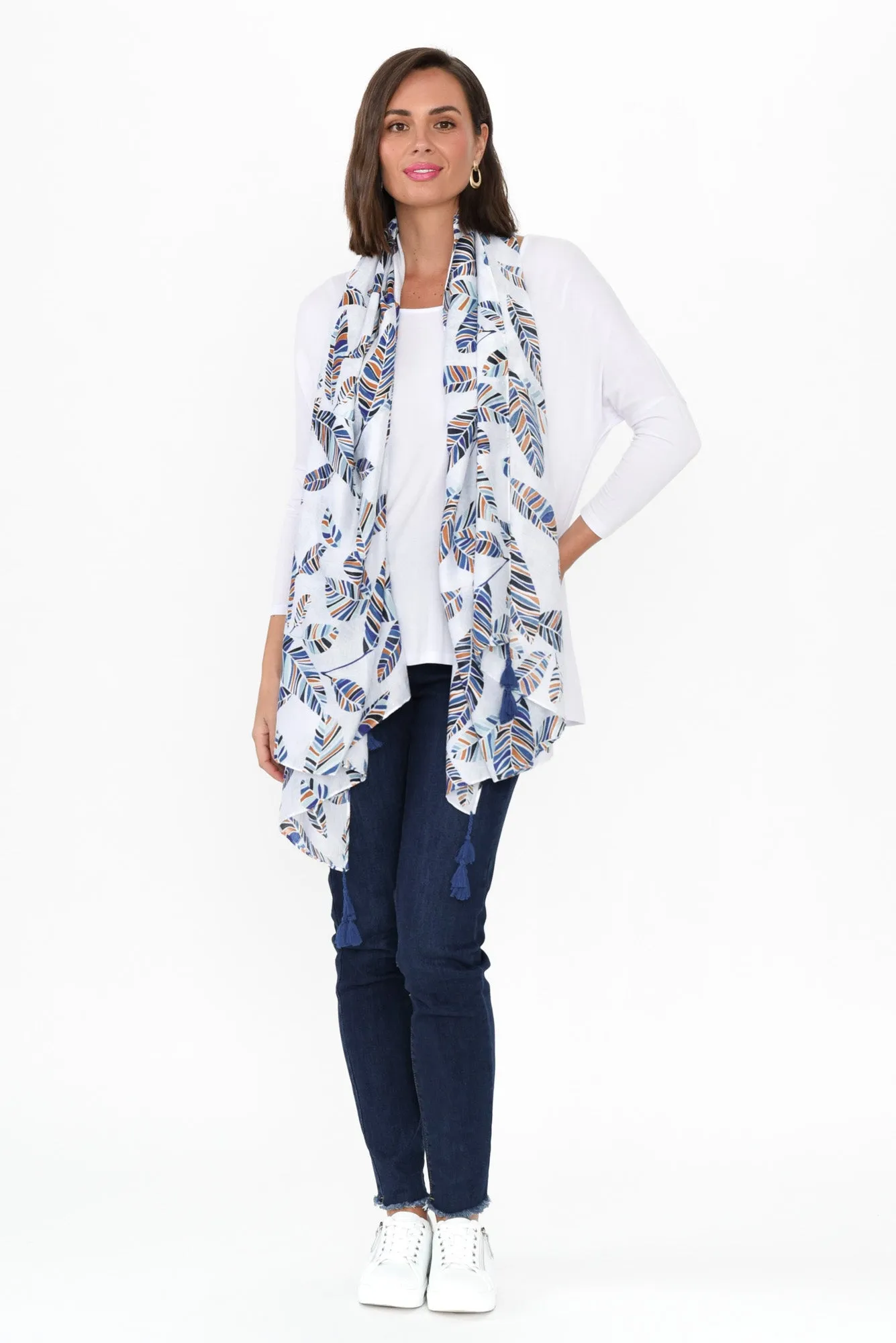 Nisa White Leaf Tassel Scarf sold by Blue Bungalow product image thumbnail 2