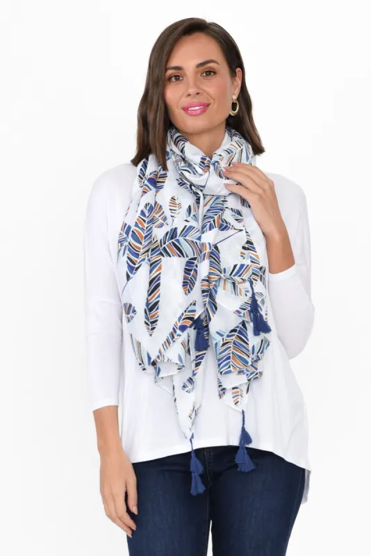 Nisa White Leaf Tassel Scarf sold by Blue Bungalow