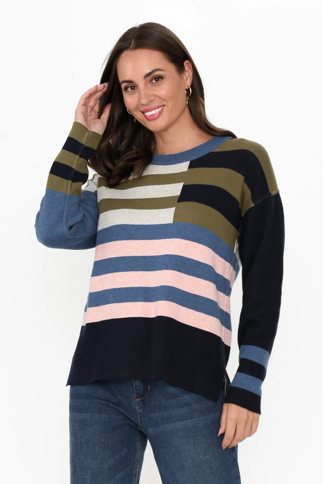Minos Navy Colour Block Organic Cotton Jumper sold by Blue Bungalow