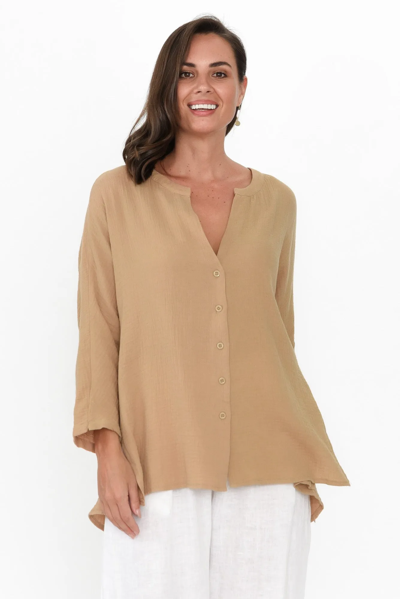 Lurline Camel Cotton Shirt sold by Blue Bungalow