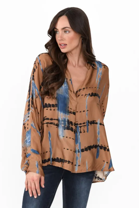 Monroe Tan Abstract Silk Blend Top sold by Blue Bungalow