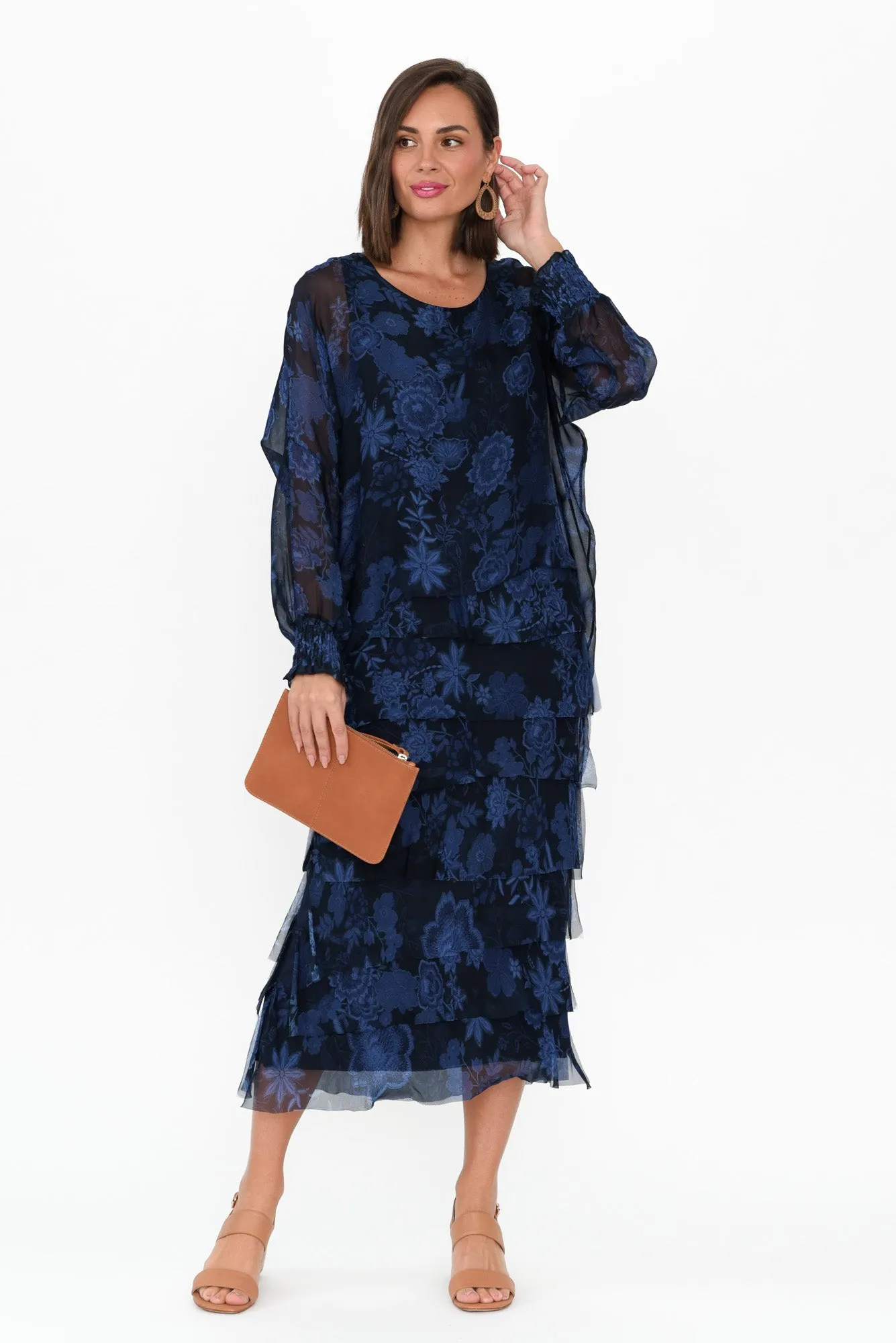 Eloria Navy Floral Silk Layer Dress sold by Blue Bungalow