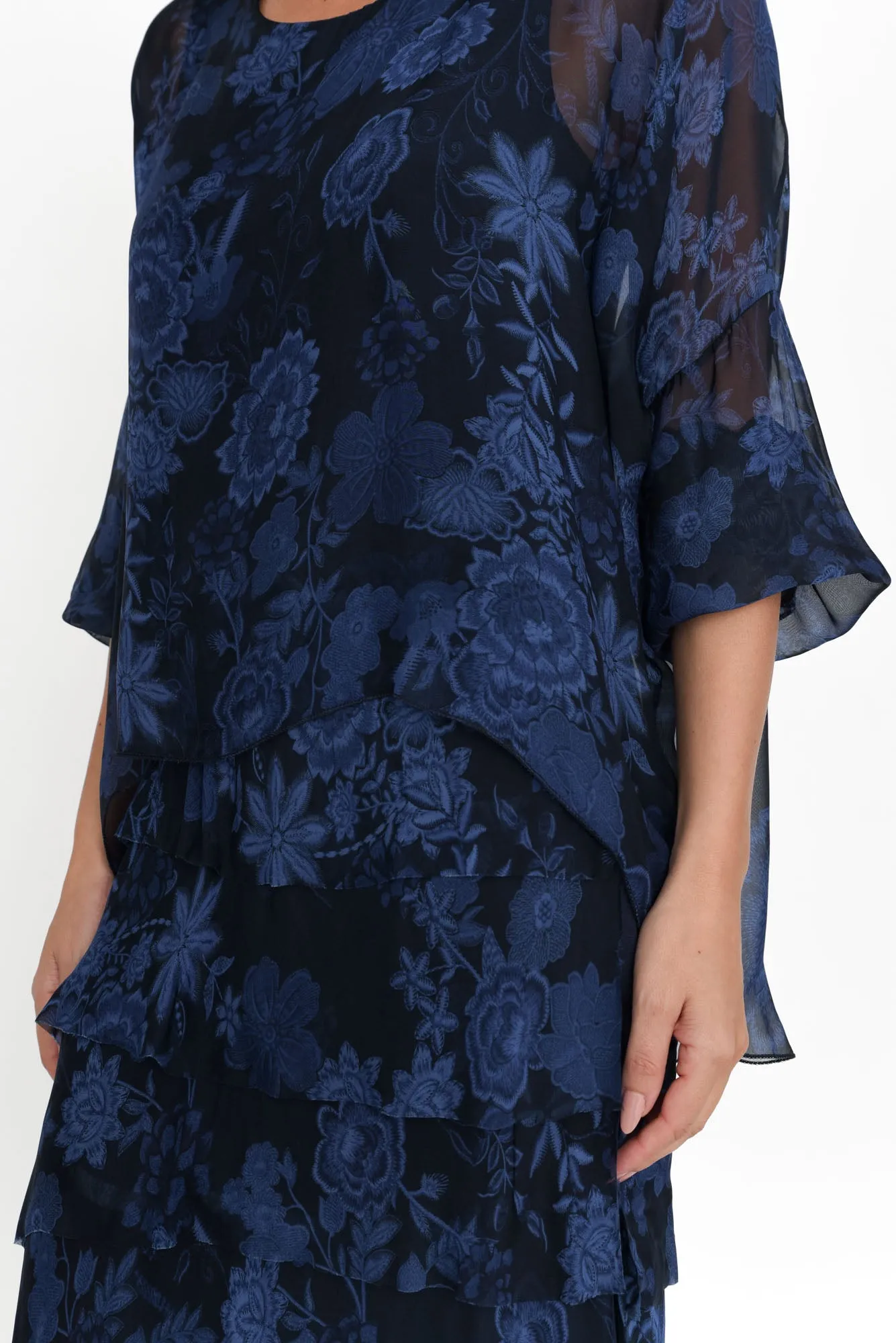 Eloria Navy Floral Silk Layer Dress sold by Blue Bungalow product image thumbnail 5