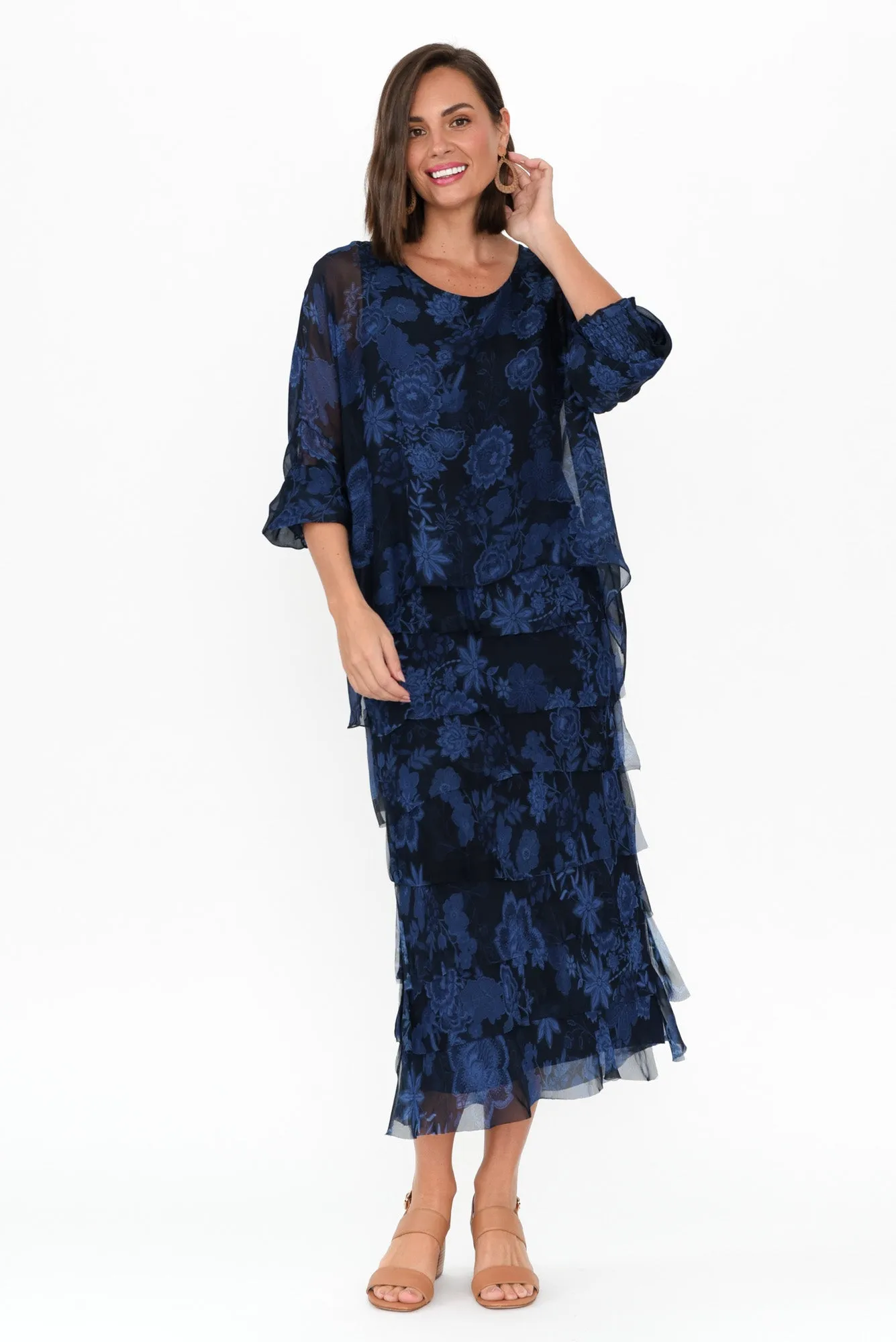 Eloria Navy Floral Silk Layer Dress sold by Blue Bungalow product image thumbnail 2