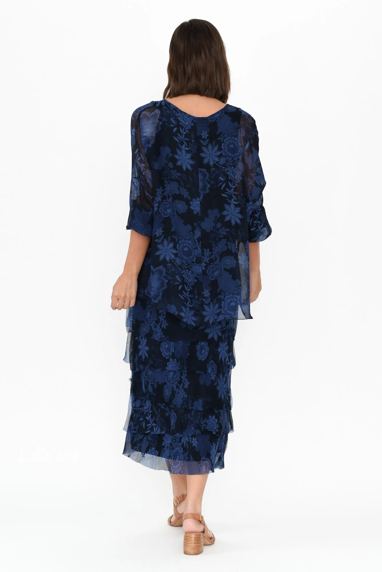 Eloria Navy Floral Silk Layer Dress sold by Blue Bungalow product image thumbnail 4