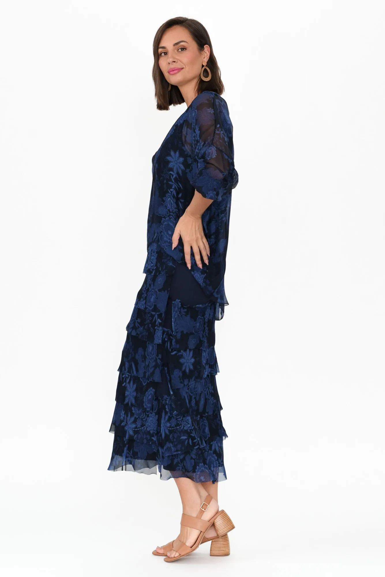 Eloria Navy Floral Silk Layer Dress sold by Blue Bungalow product image thumbnail 3