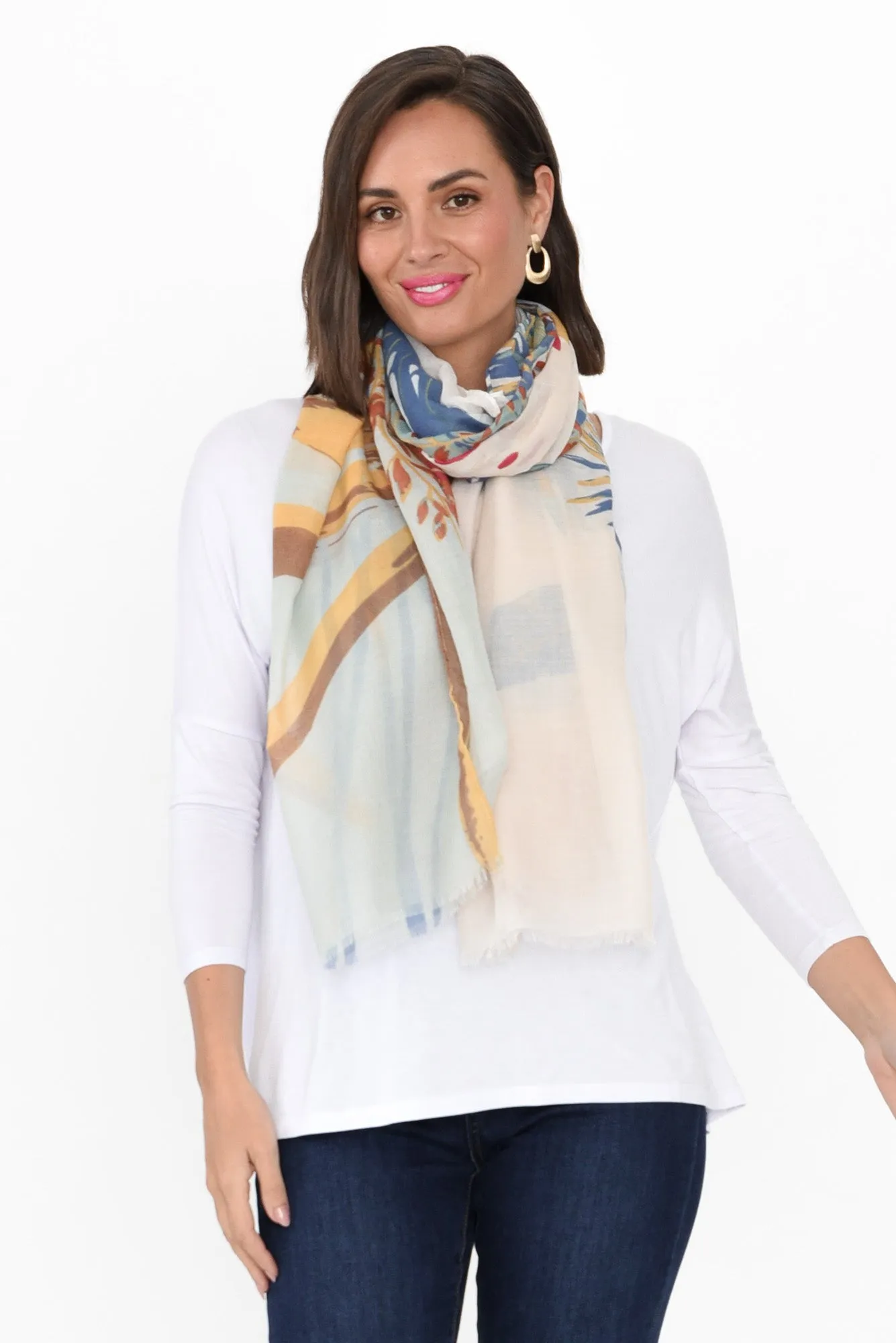 Beryl Cream Leaf Frayed Scarf sold by Blue Bungalow