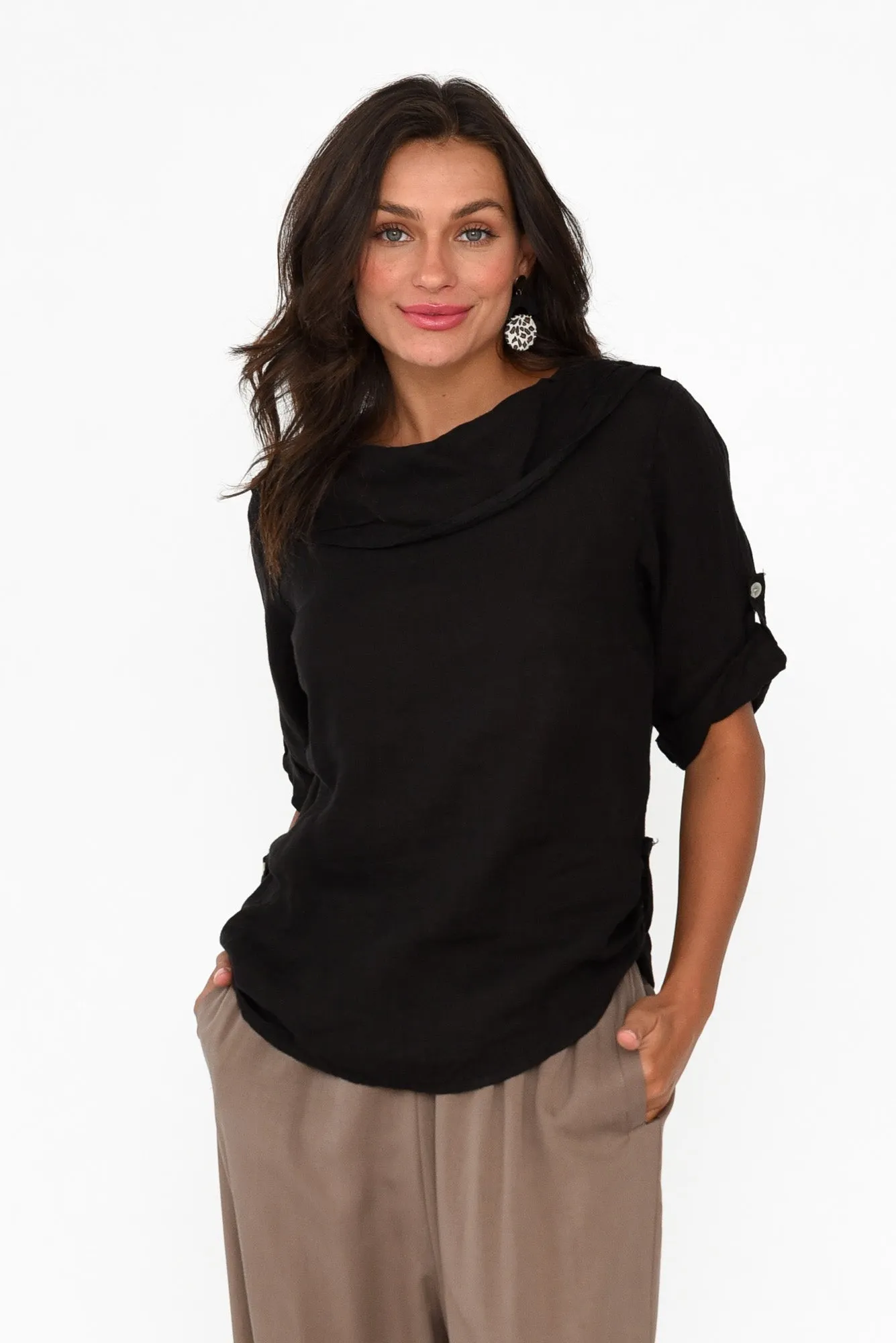 Nylia Black Cowl Neck Linen Top sold by Blue Bungalow